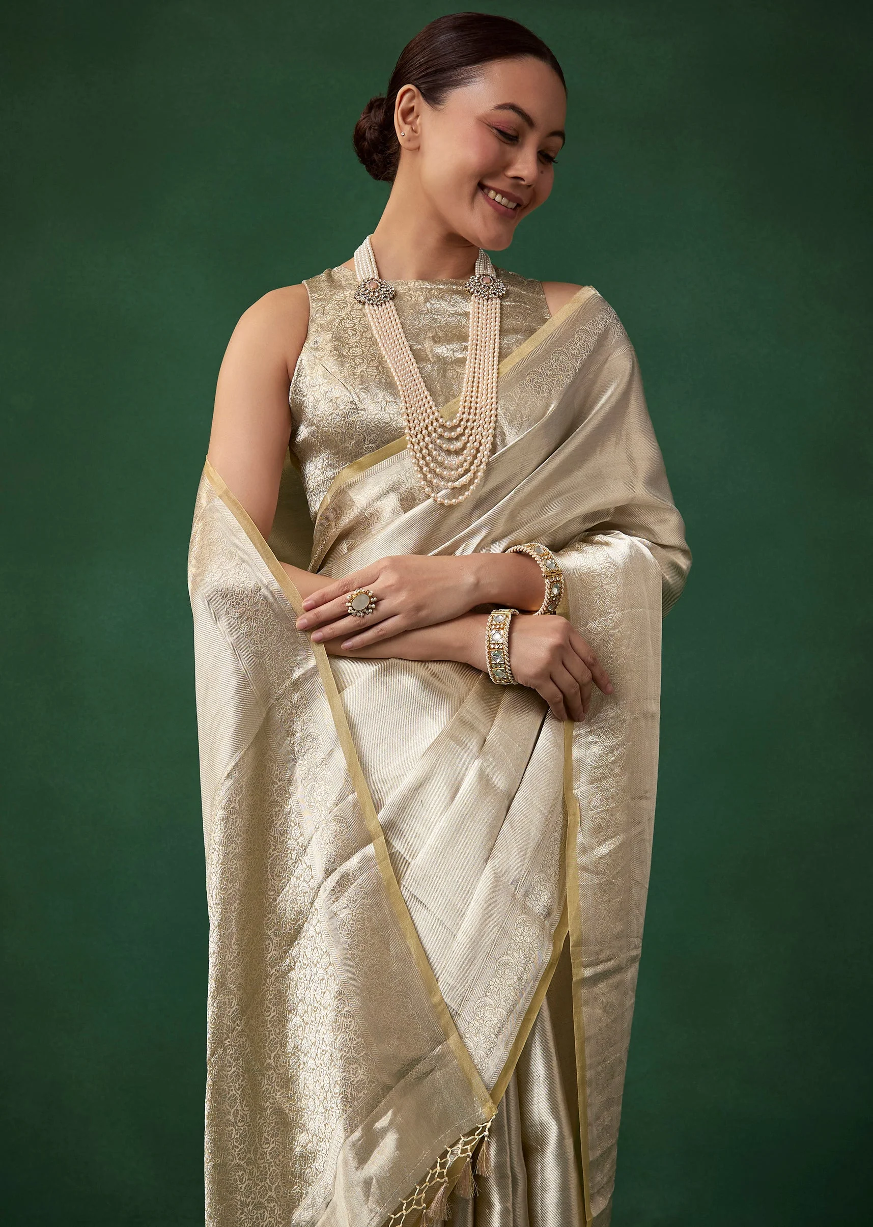 Silver Tissue Silk Woven Saree with Unstitched Brocade Blouse - Image 5