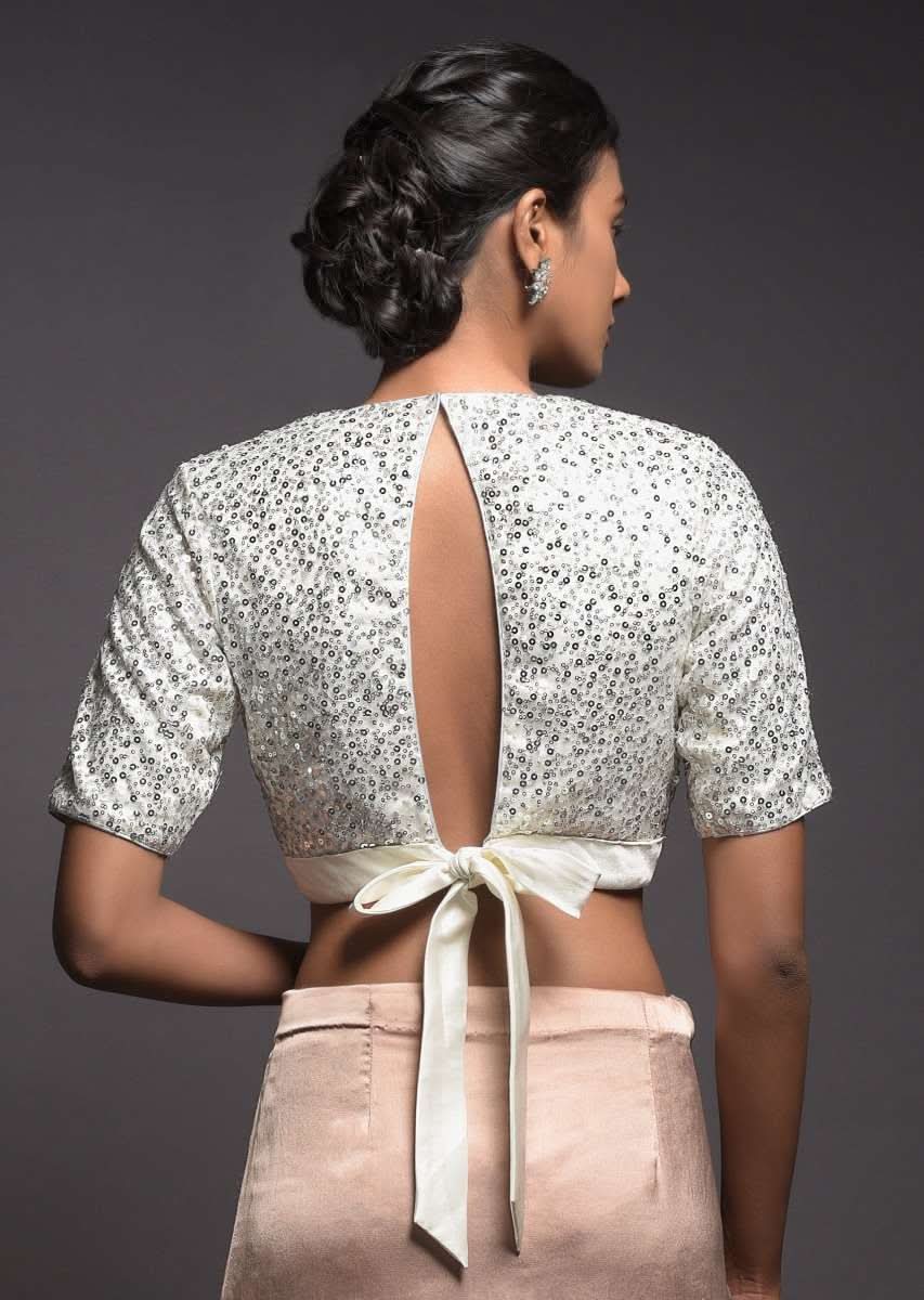 Silver White Blouse Embellished In Sequins With Satin Hemline And Half Sleeves Online - Kalki Fashion - Image 3