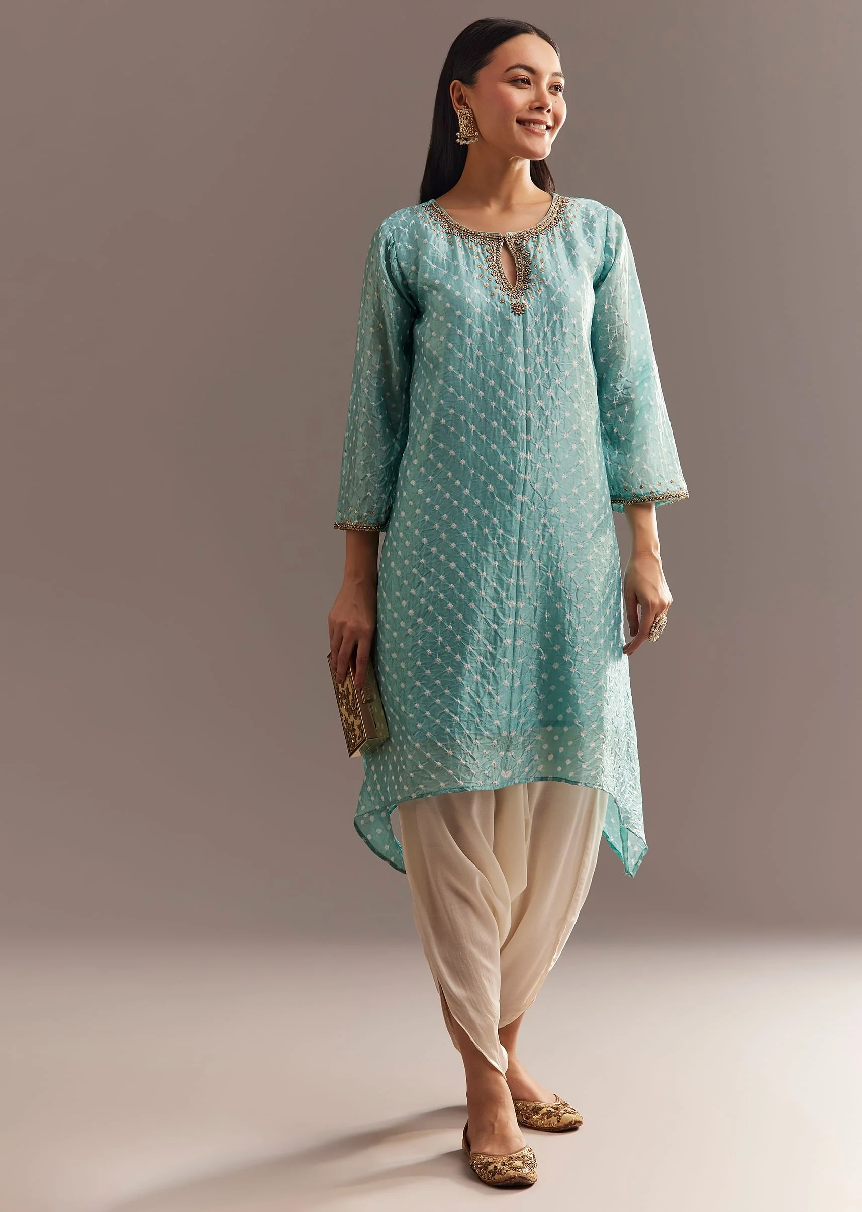 Sky Blue Bandhani Embroidered Kurta Dhoti - Image 2