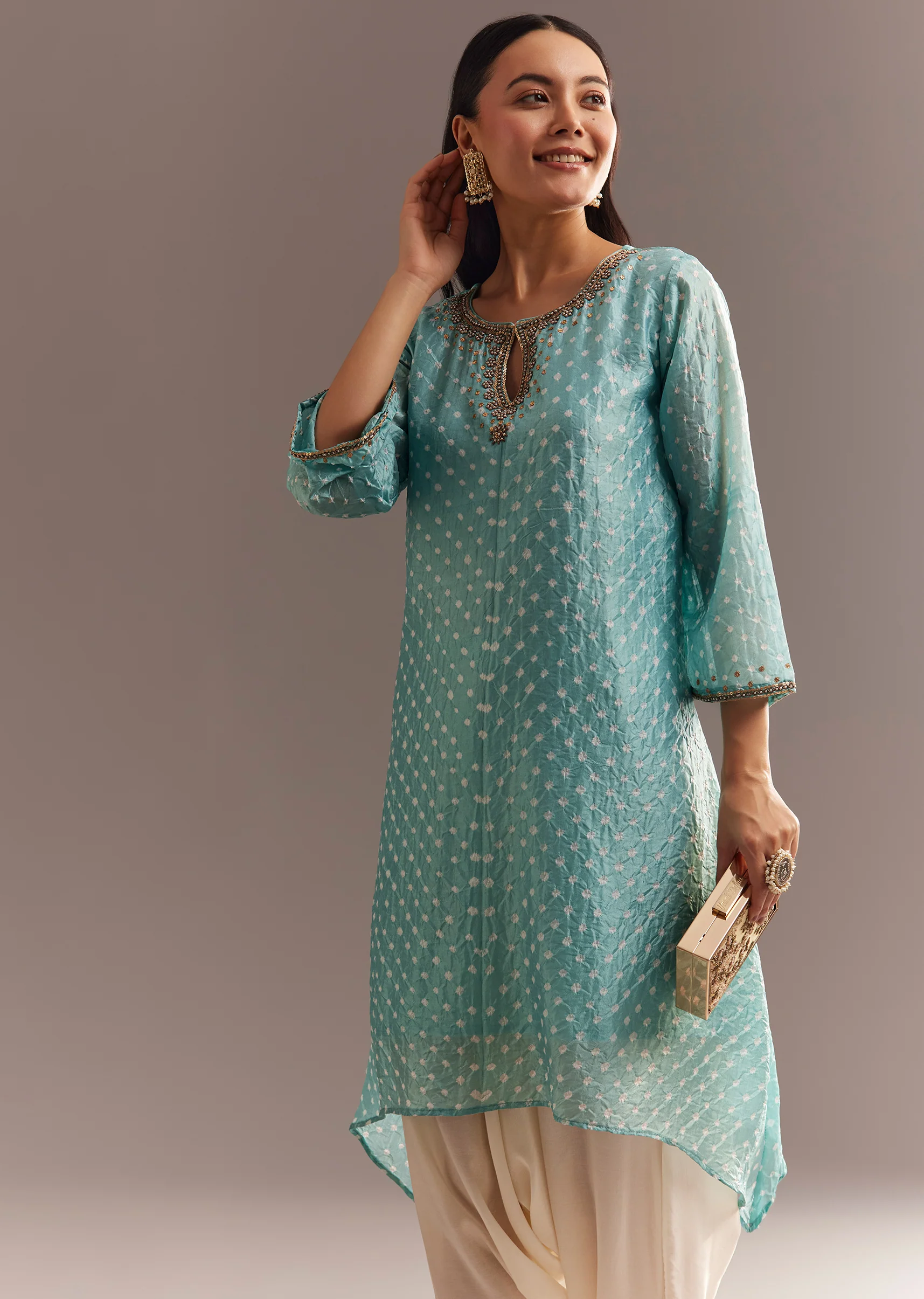 Sky Blue Bandhani Embroidered Kurta Dhoti - Image 3