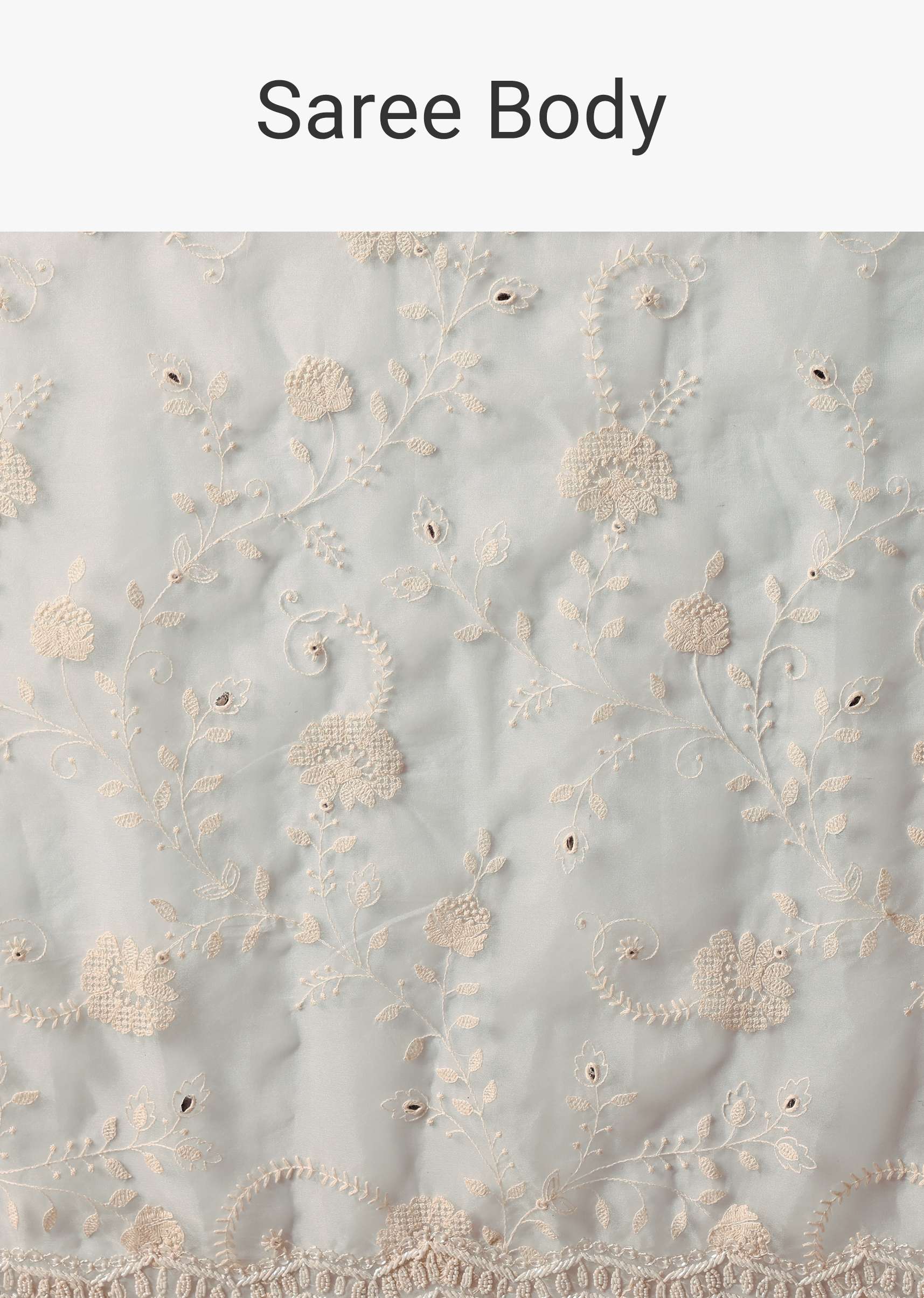 Sky Blue Chikankari Saree In Organza Silk With Scallop Border And Unstitched Blouse Fabric - Image 9