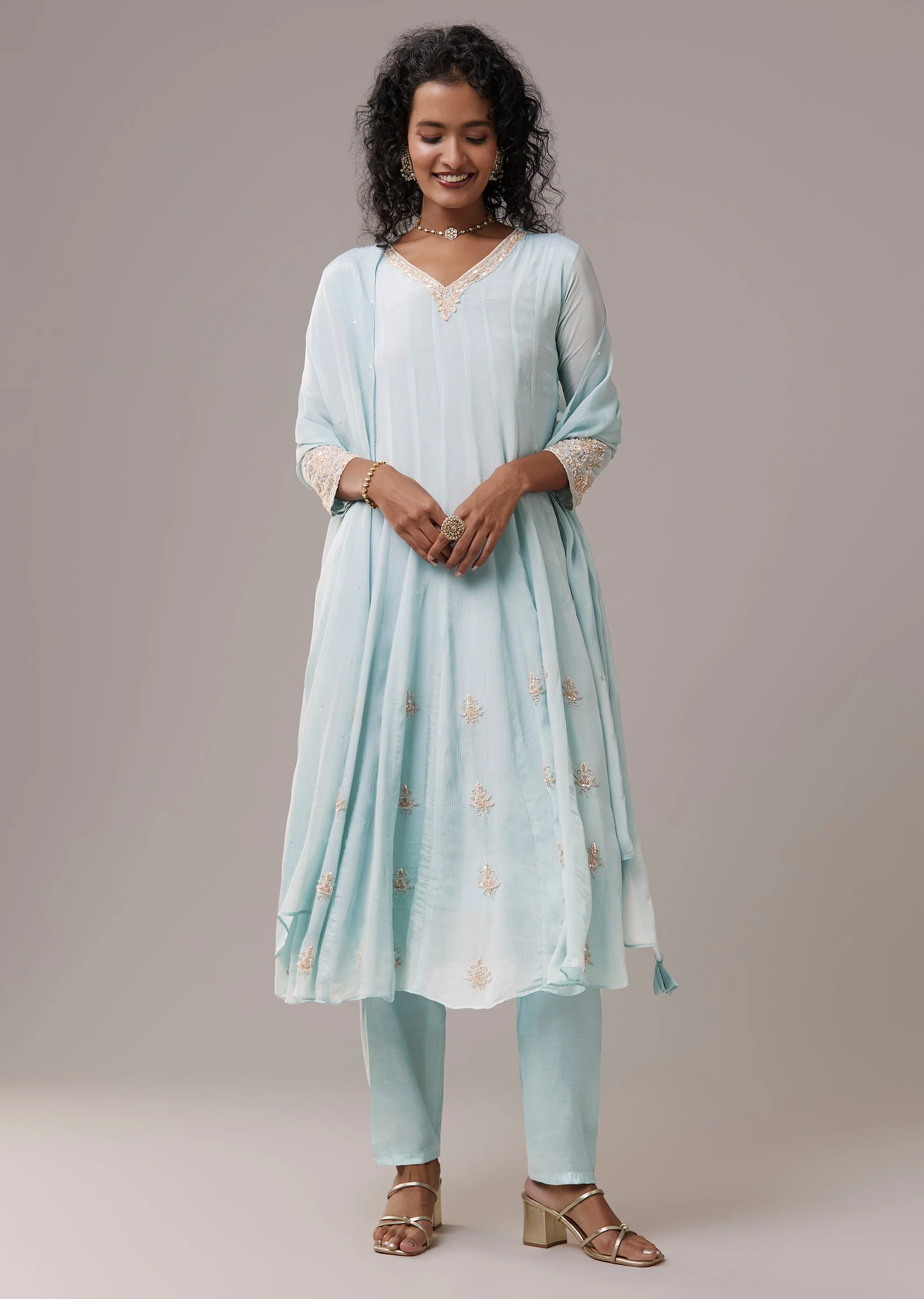 Sky Blue Chinon Embroidered Anarkali Set - Image 3
