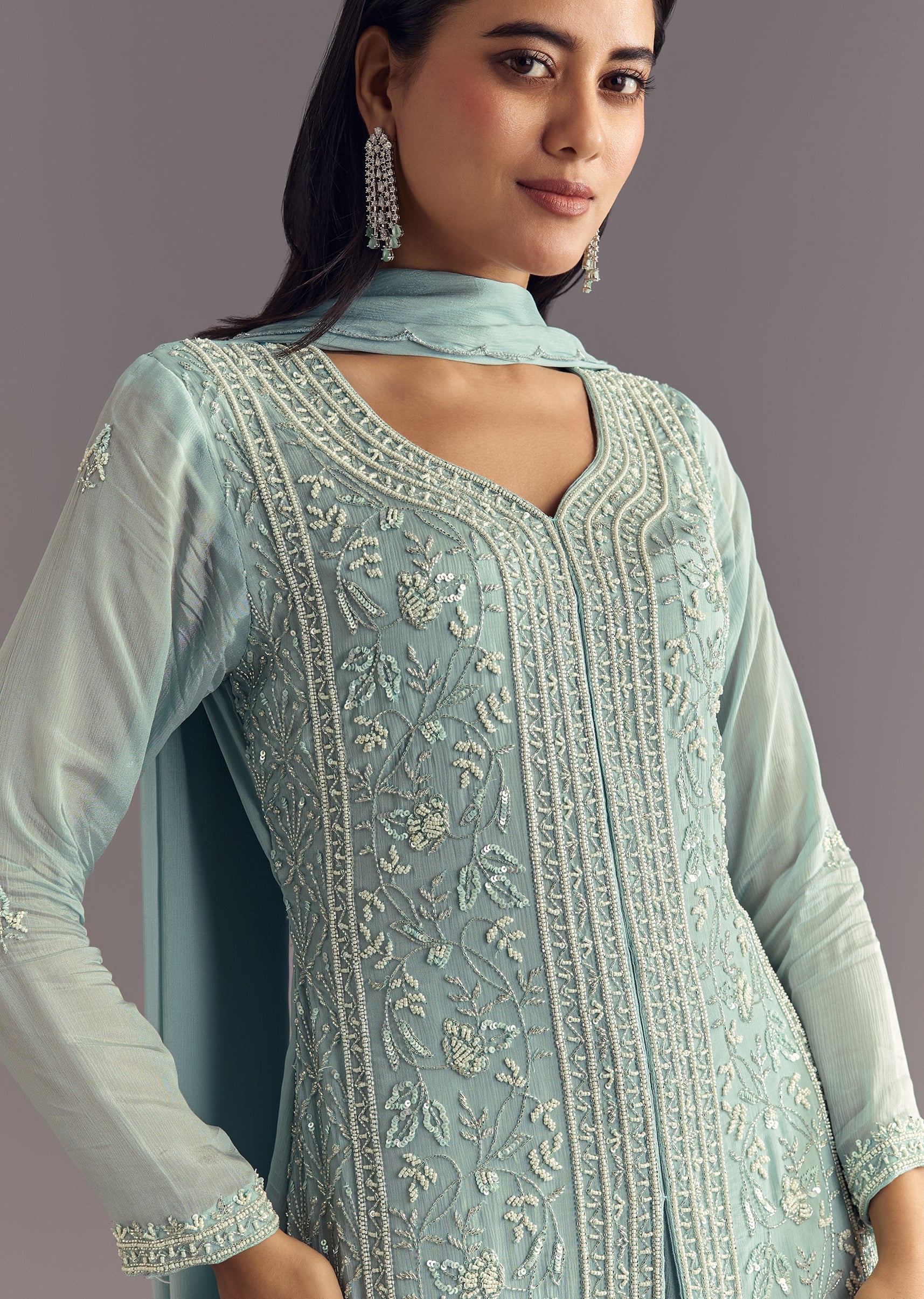 Sky Blue Chinon Kurta Dupatta Set With Moti And Cutdana Work - Image 4