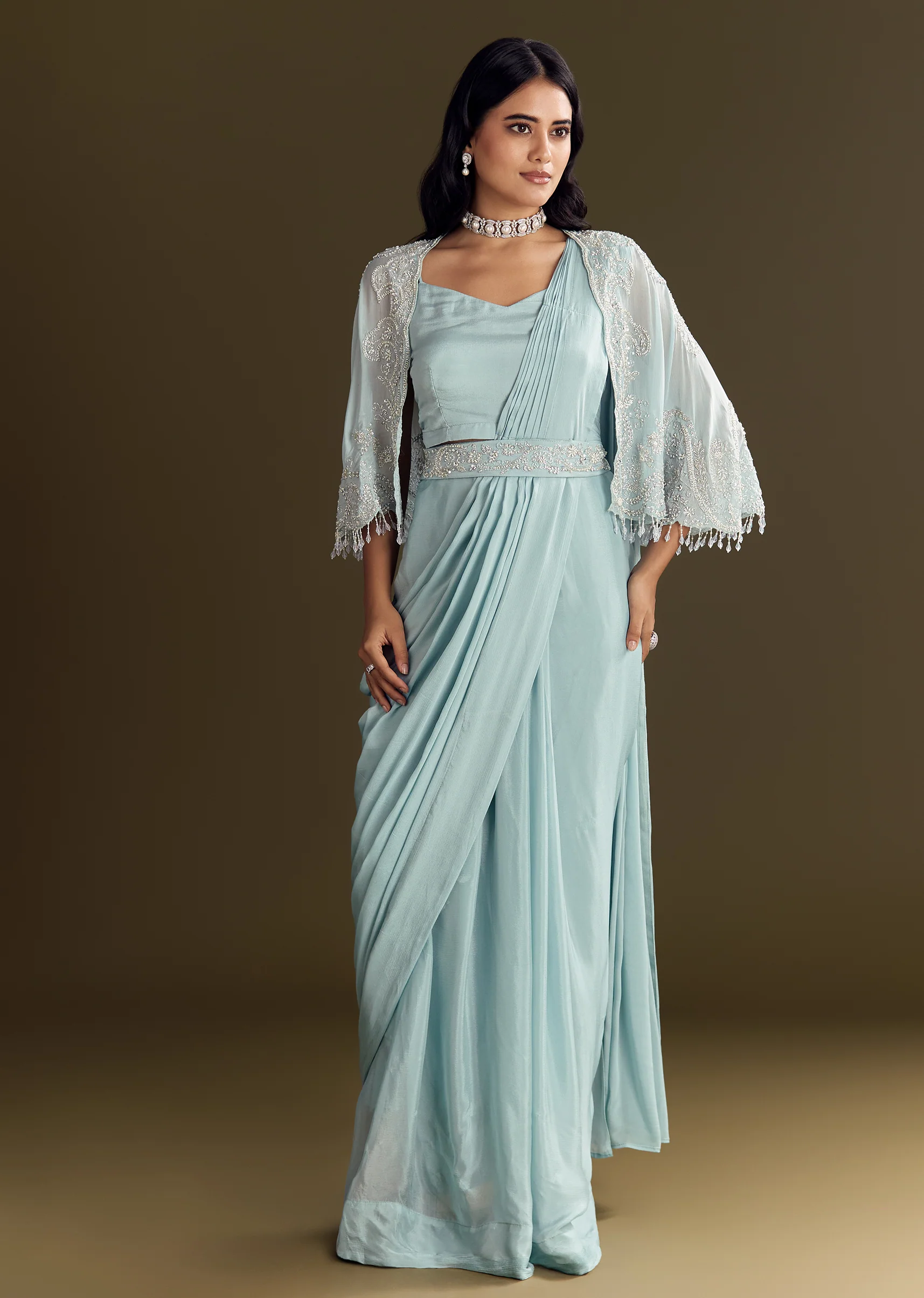 Sky Blue Chinon Pre Draped Saree With Cape And Belt - Image 4