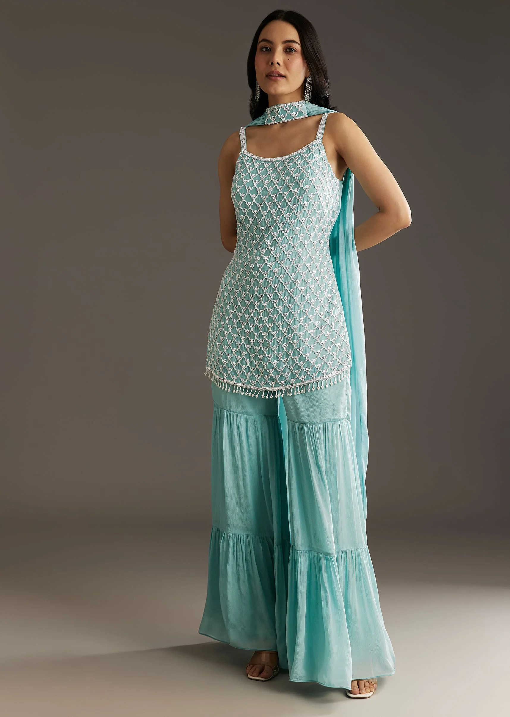 Sky Blue Chinon Sharara Suit Set With Choker Style Dupatta