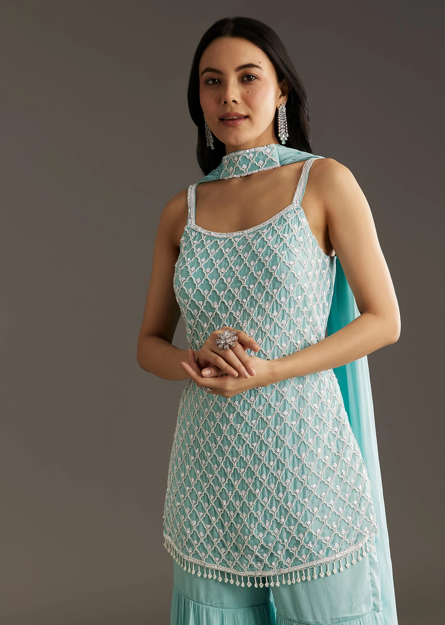 Sky Blue Chinon Sharara Suit Set With Choker Style Dupatta - Image 4