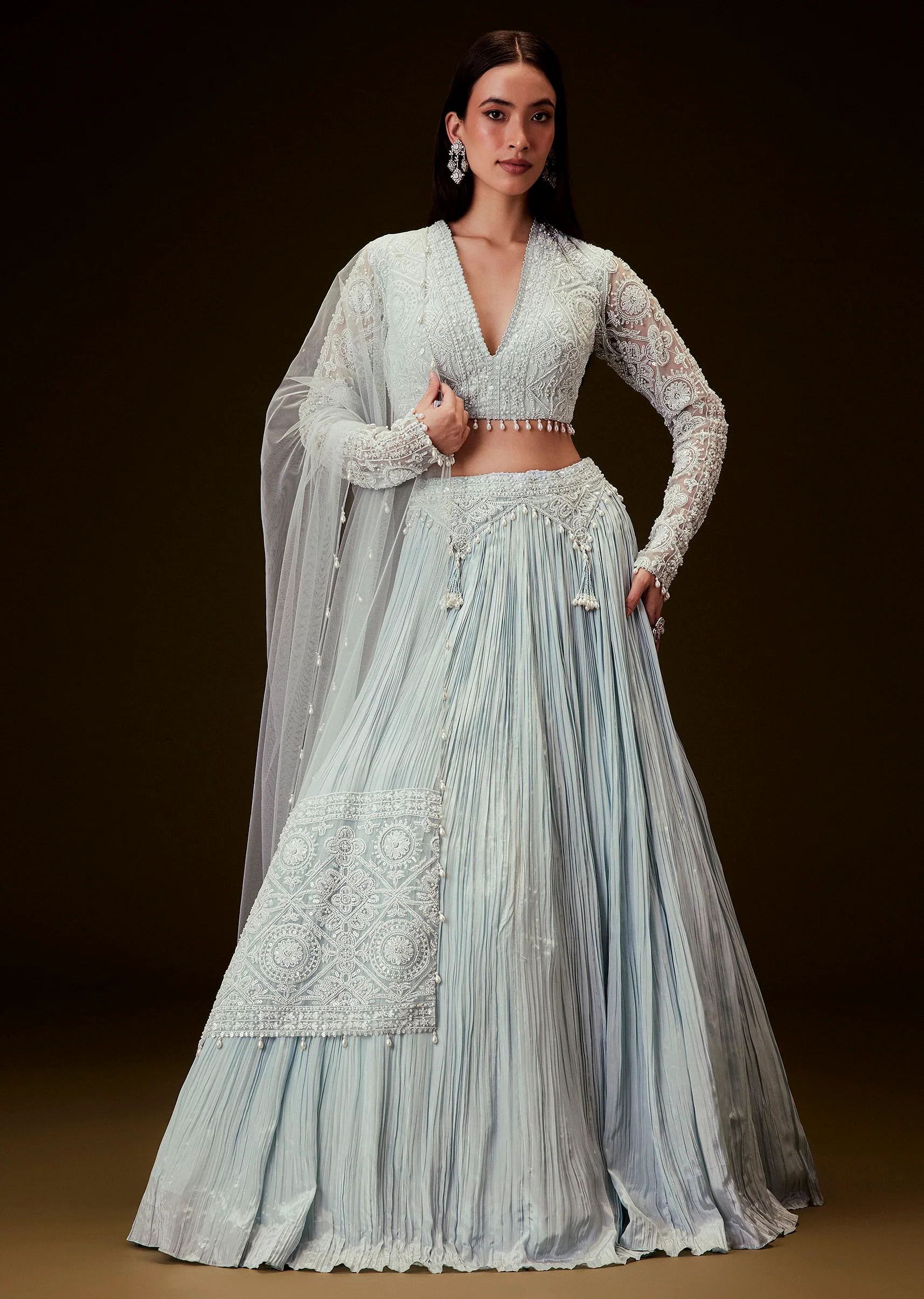 Sky Blue Crepe Sequence Lehenga With Full Sleeve Blouse - Image 4
