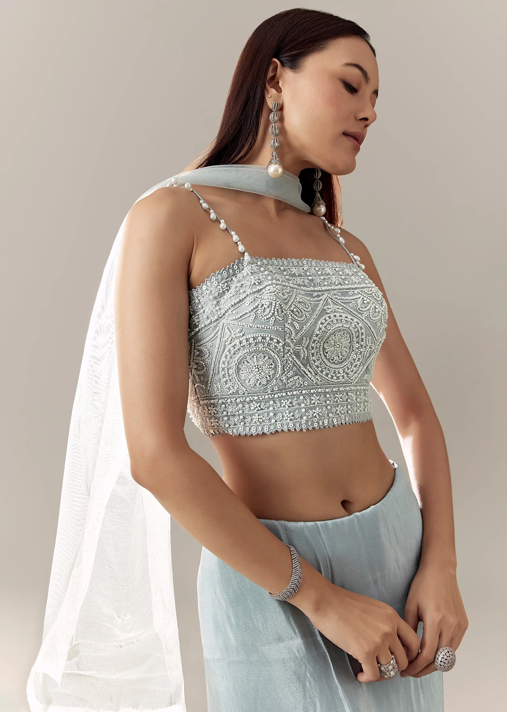 Sky Blue Cut Dana Tassel Strap Blouse