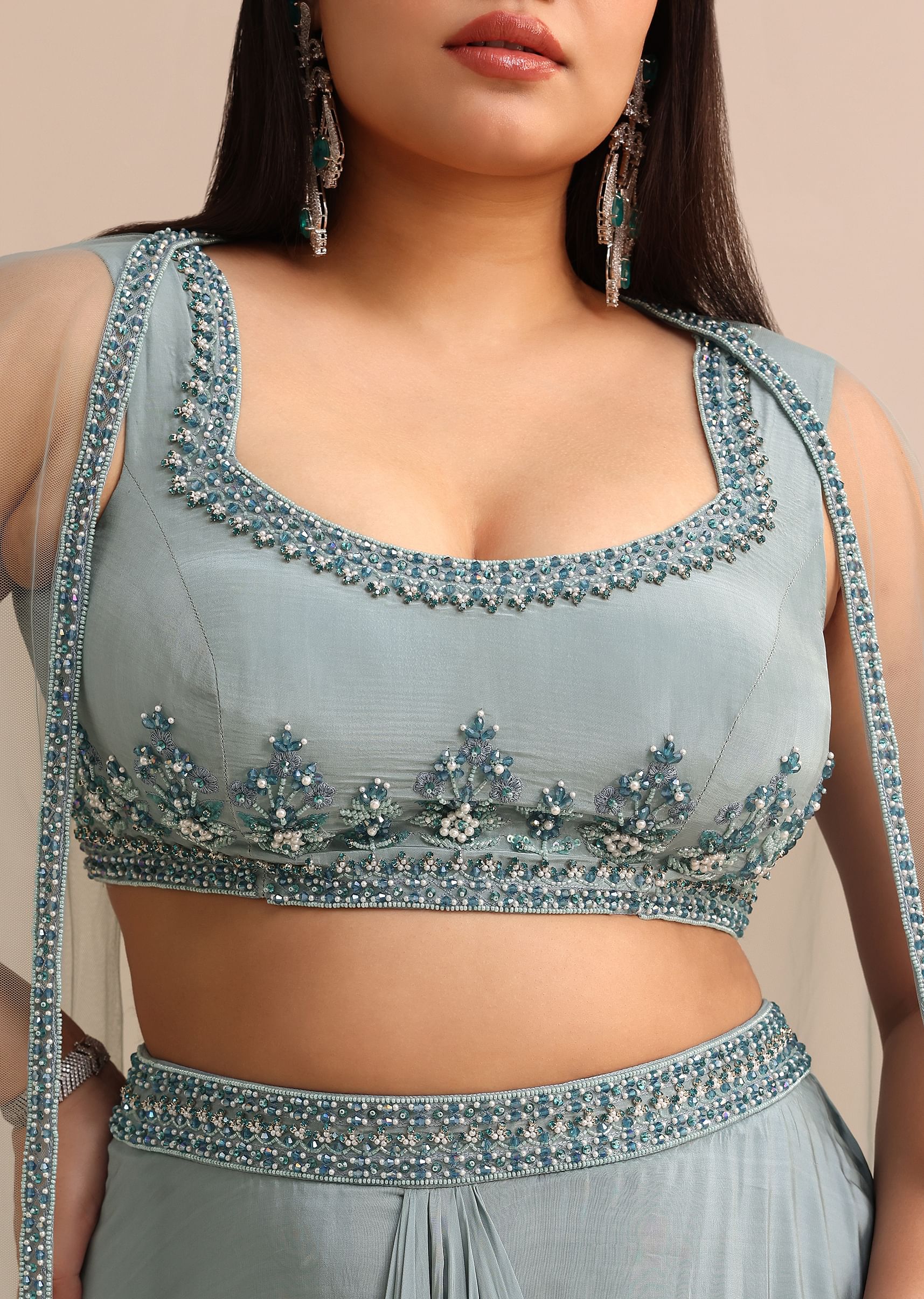 Sky Blue Draped Skirt With Cape - Image 2