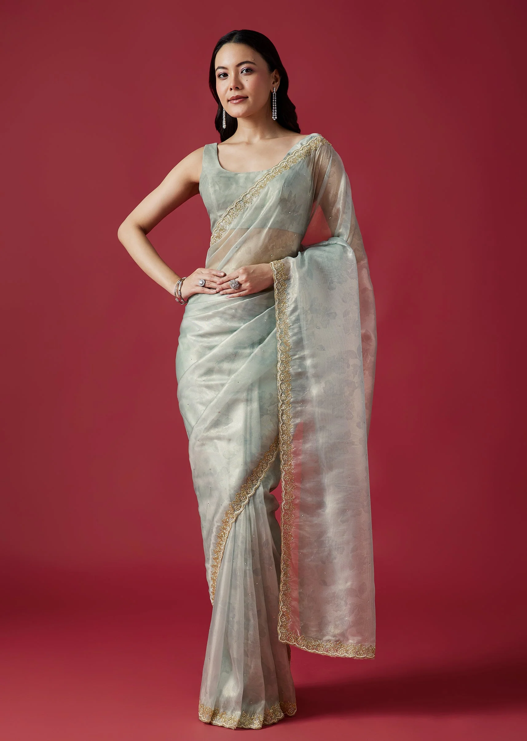 Sky Blue Embroidered Tissue Organza Saree With Scallop Border