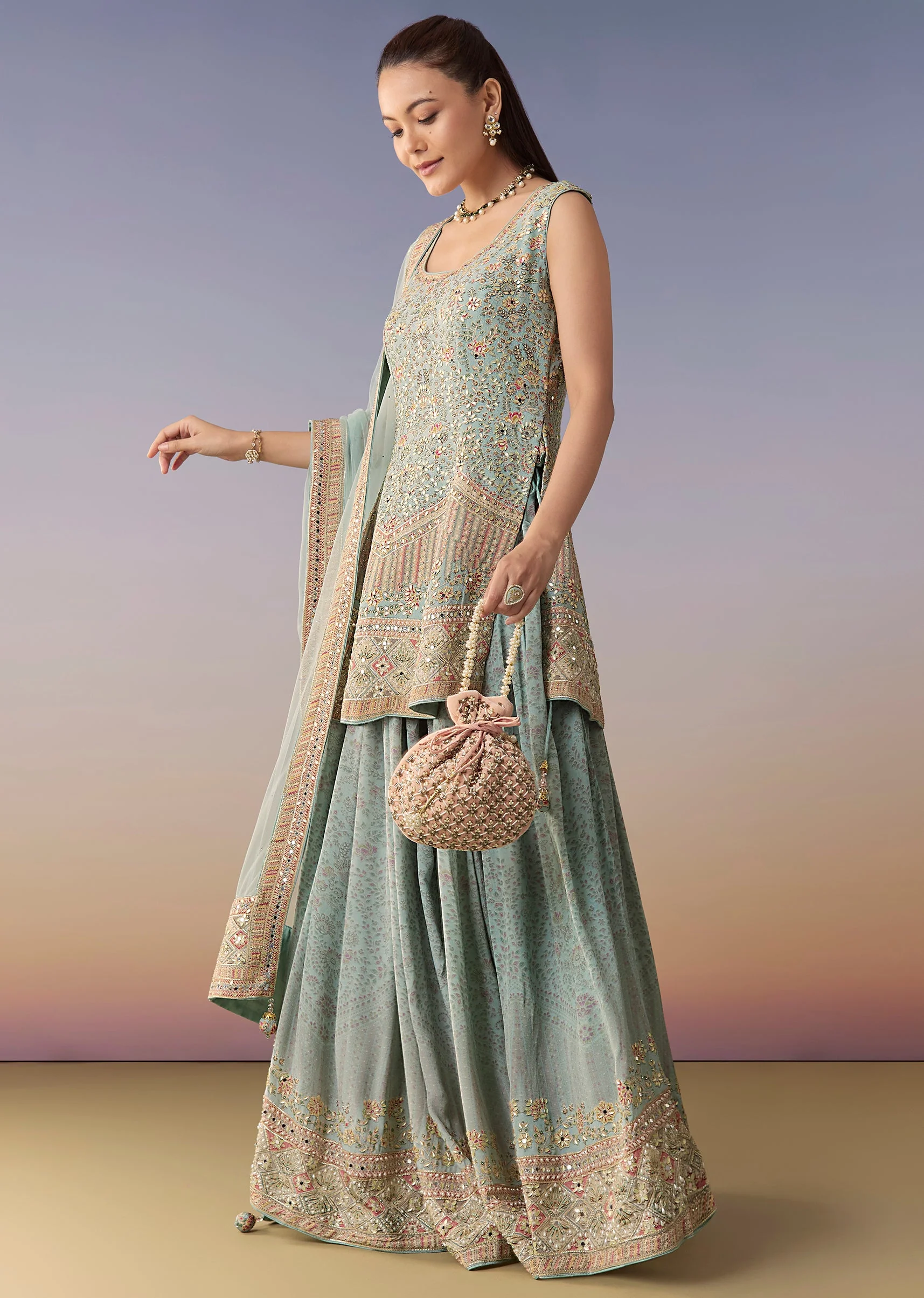 Sky Blue Floral Embellished Palazzo Set With Dupatta - Image 3