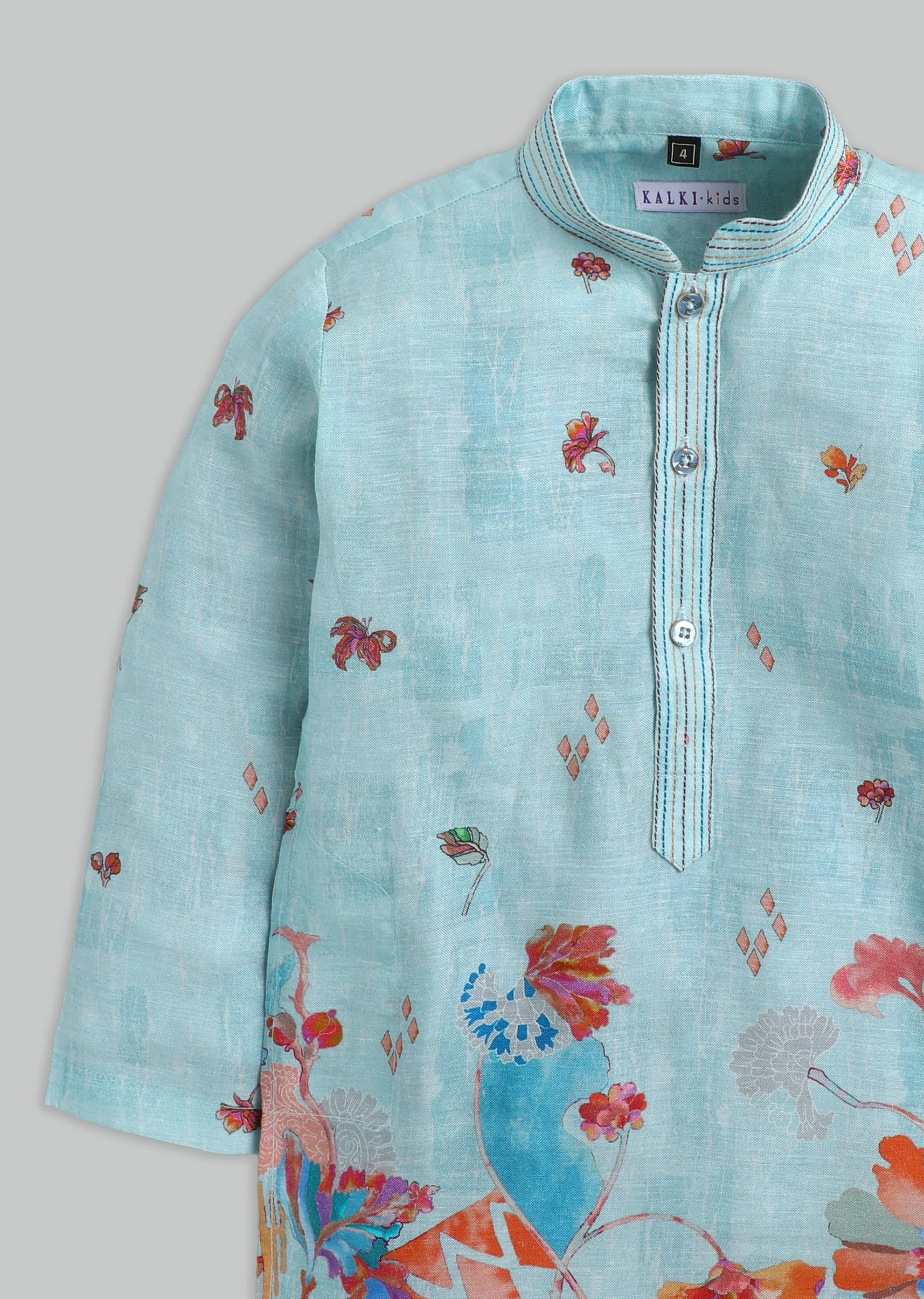 Sky Blue Floral Printed Kurta Set For Boys - Image 5