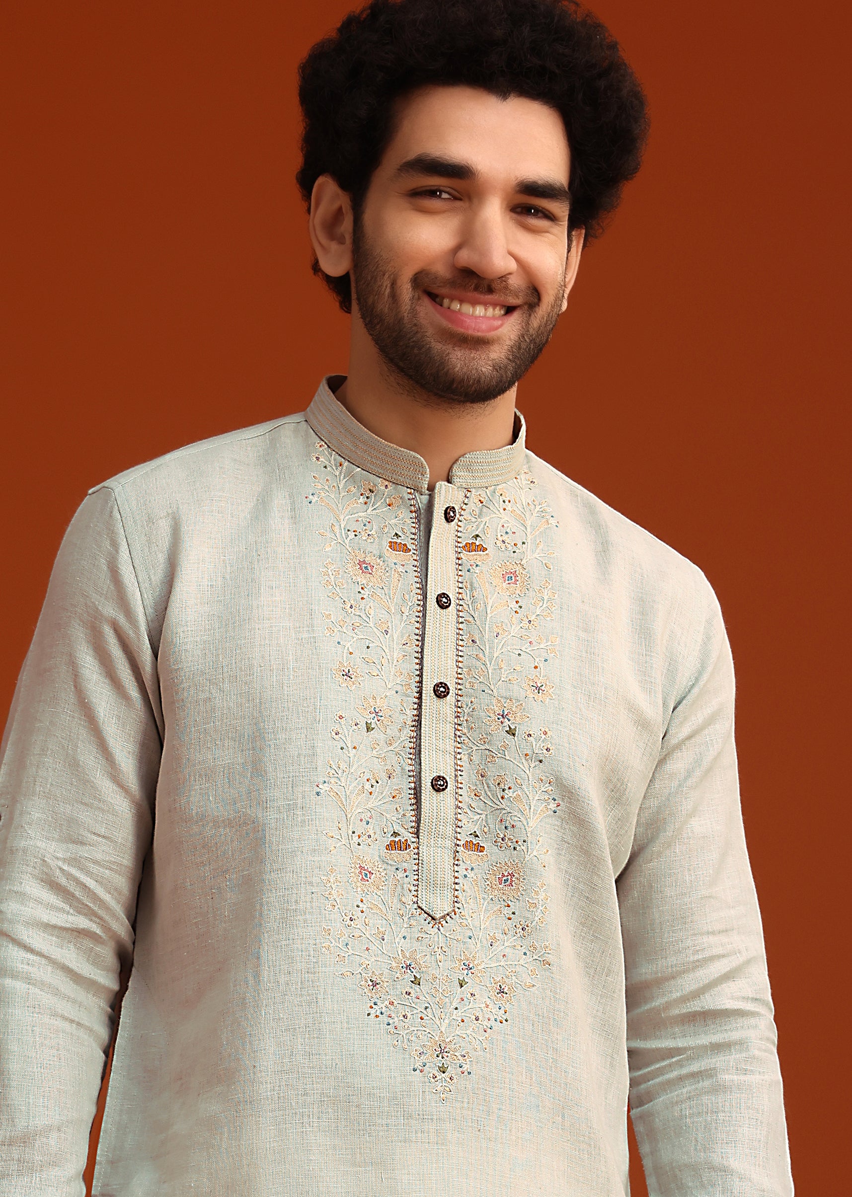 Sky Blue Kurta Set With Floral Thread Embroidery