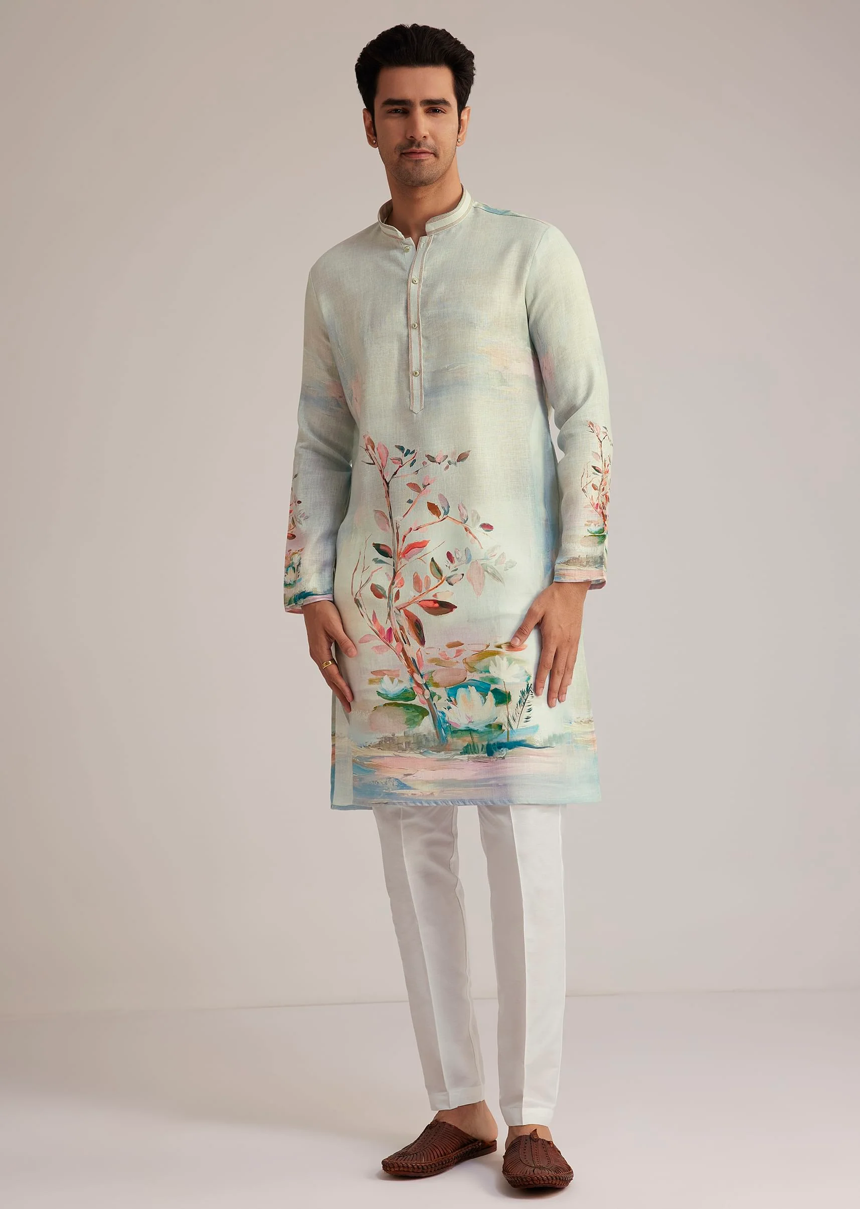 Sky Blue Linen Kurta With Floral Print - Image 3