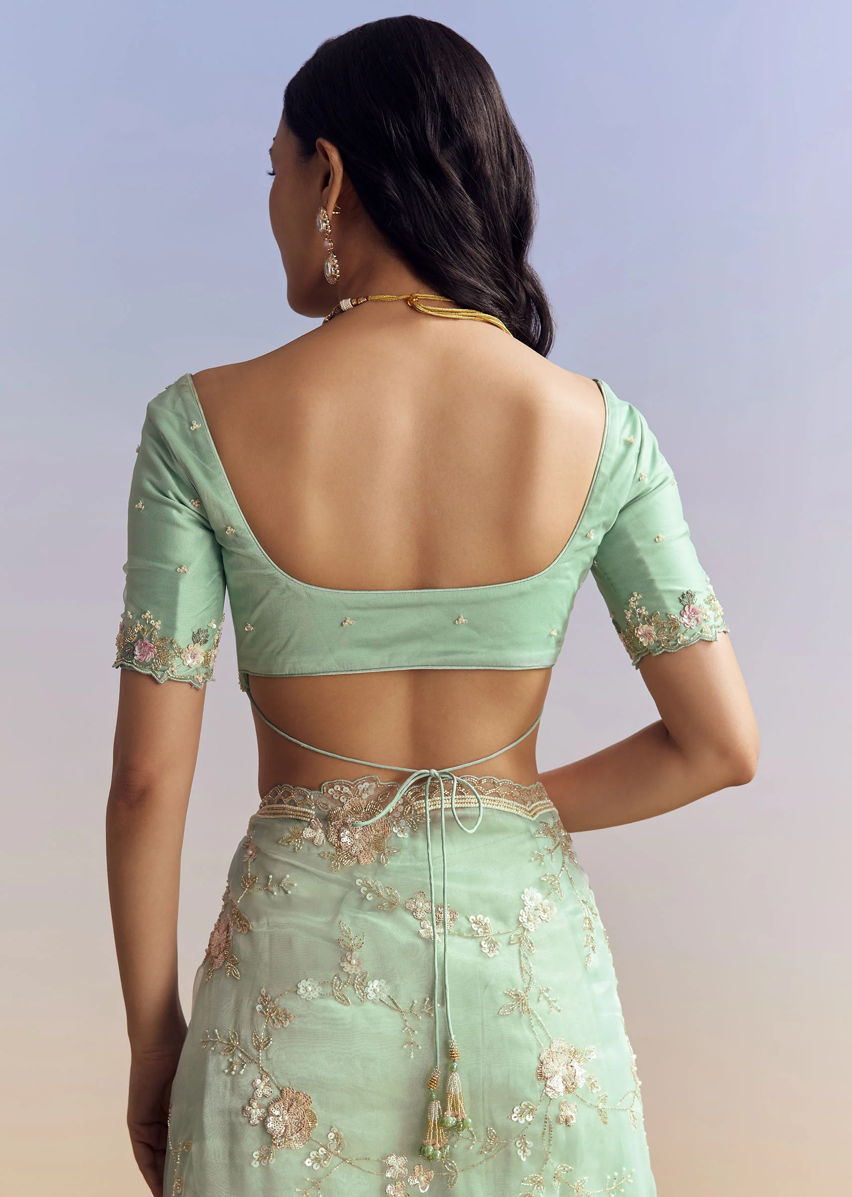 Sky Blue Organza Saree With Floral Jaal Embroidery - Image 8
