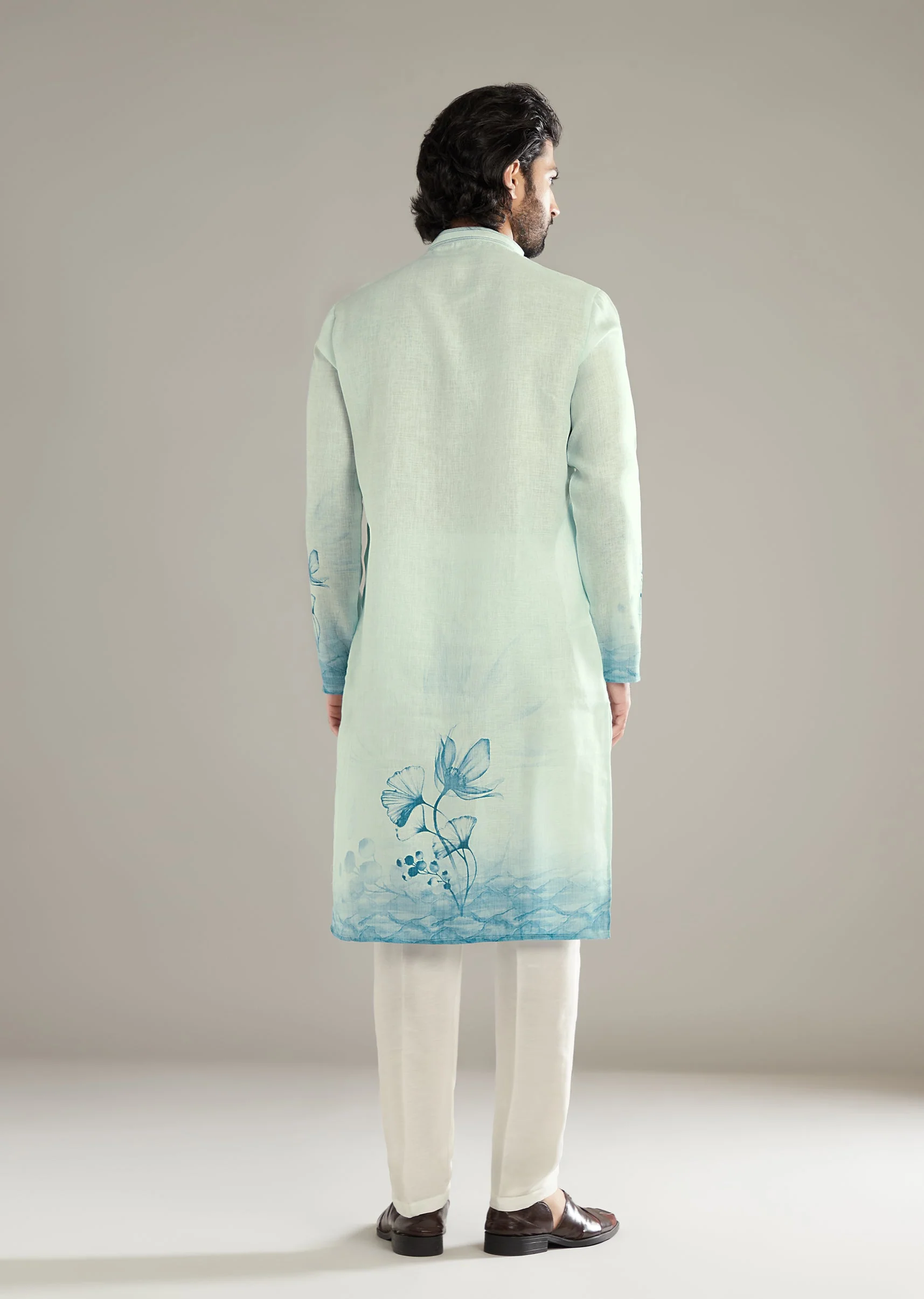 Sky Blue Printed Kurta Set For Men With Floral Motifs - Image 5
