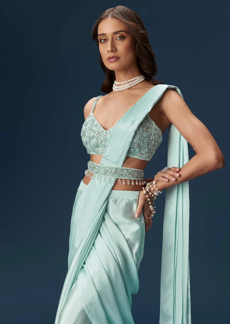 Sky Blue Ready Pleated Saree With Blouse And Belt - Image 3
