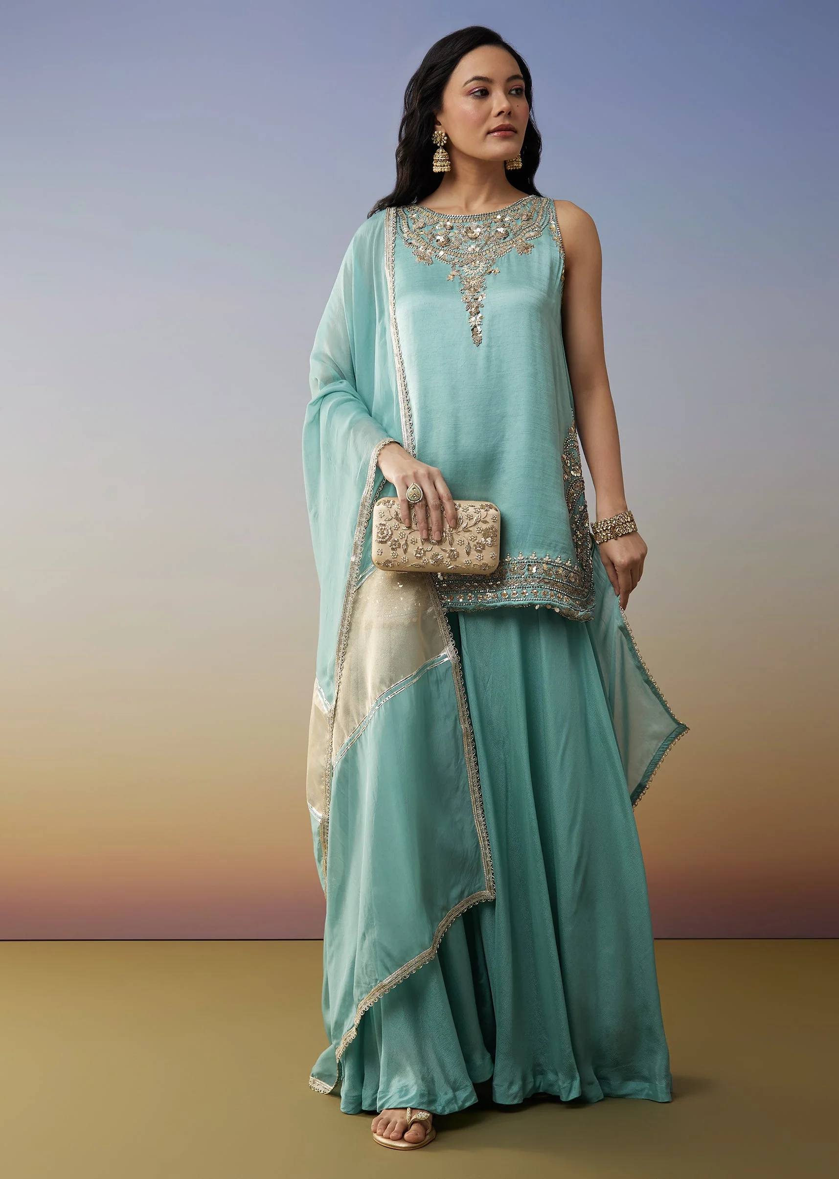 Sky Blue Satin Palazzo Suit with Beads Sequins Work - Image 3