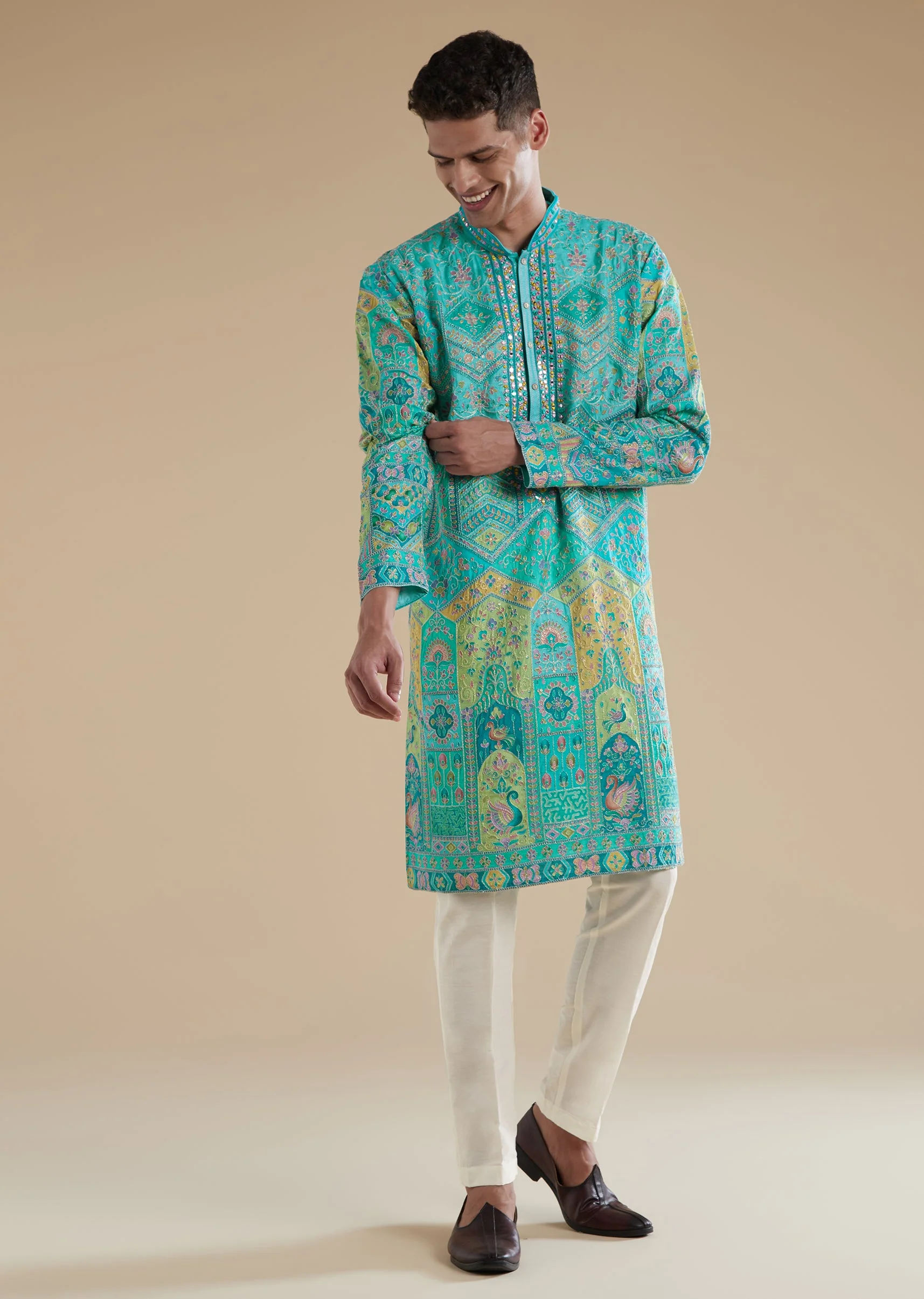 Sky Blue Silk Viscose Mens Kurta Set with Thread Mirror Detail Work - Image 3