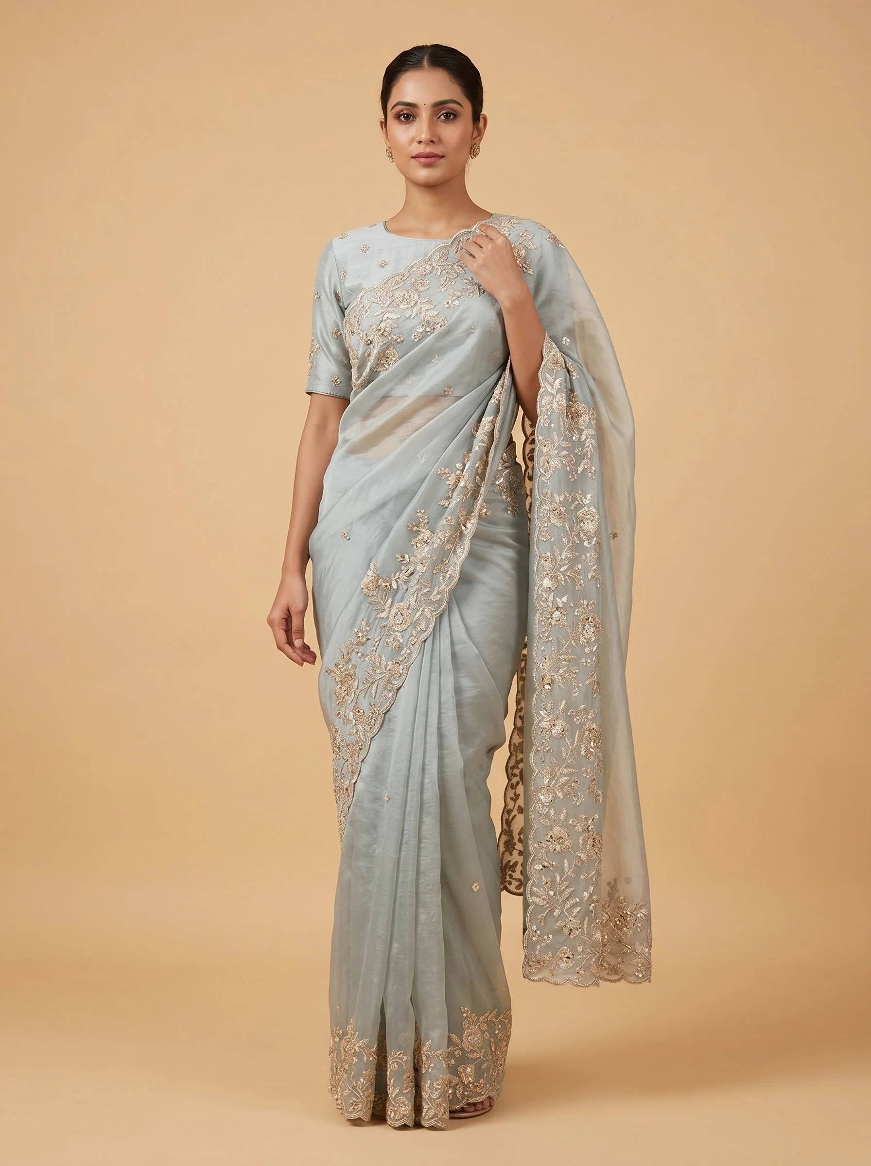 Sky Powder Blue Embroidered Saree