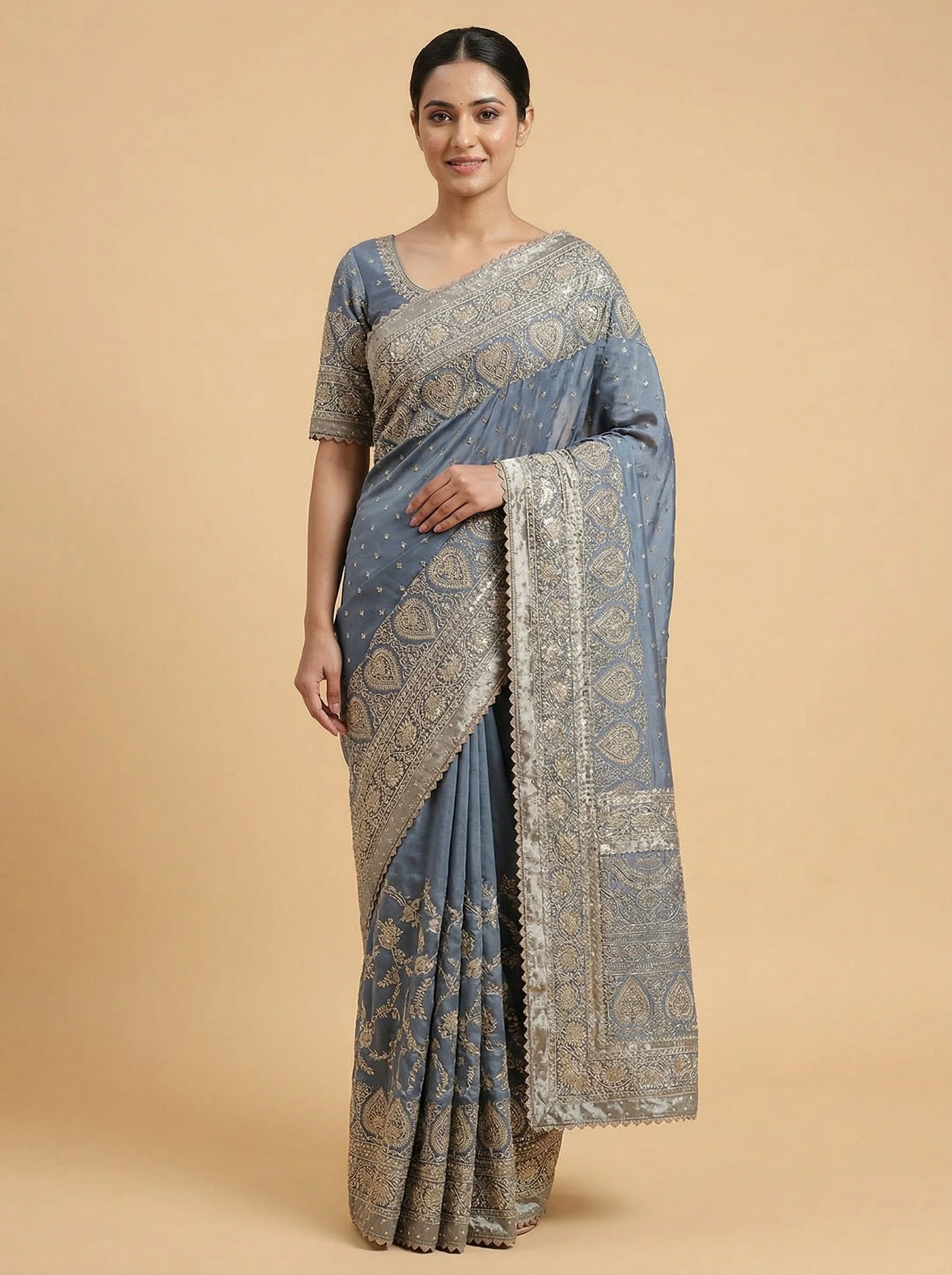 Smoked Grey Embroidered Saree