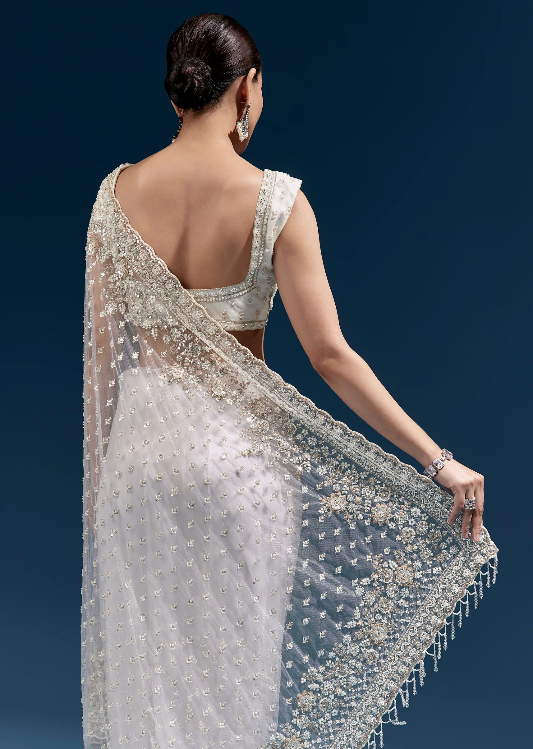 Soft Glow Couple Set – Off-White Heavy Embroidered Net Saree For Her And Cream Art Silk Jacket Kurta Set For Him - Image 7