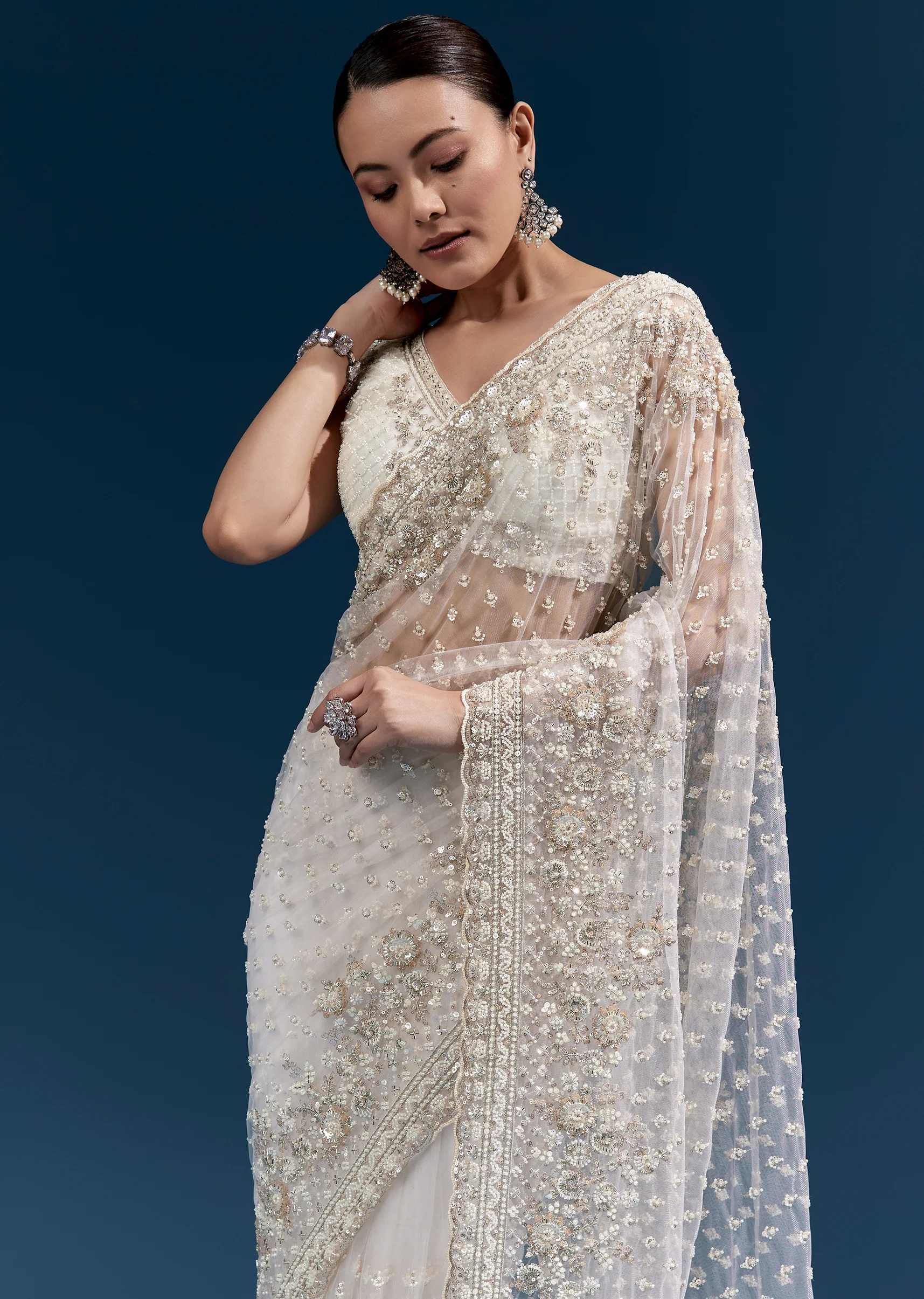Soft Glow Couple Set – Off-White Heavy Embroidered Net Saree For Her And Cream Art Silk Jacket Kurta Set For Him - Image 8