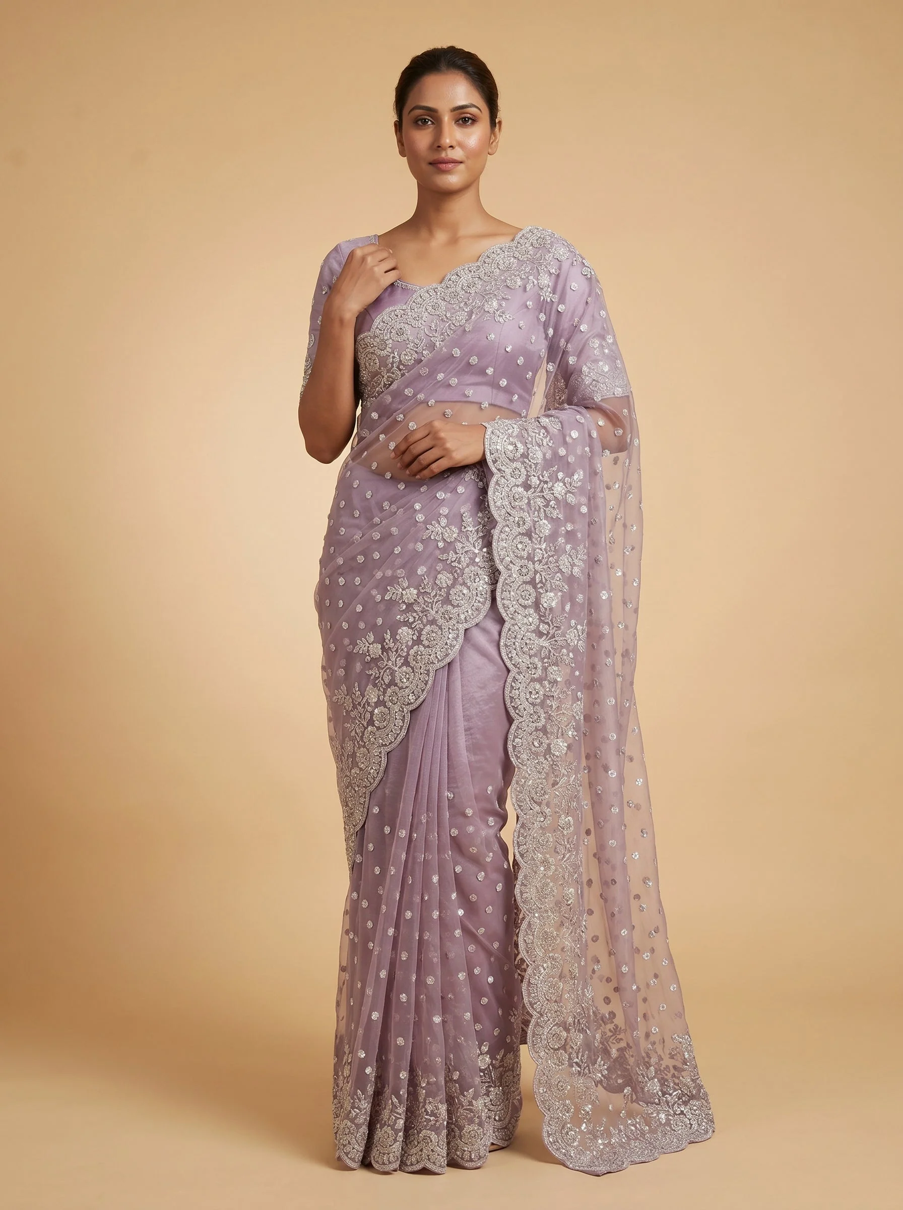 Soft Lavender Powder Veil Embroidered Saree