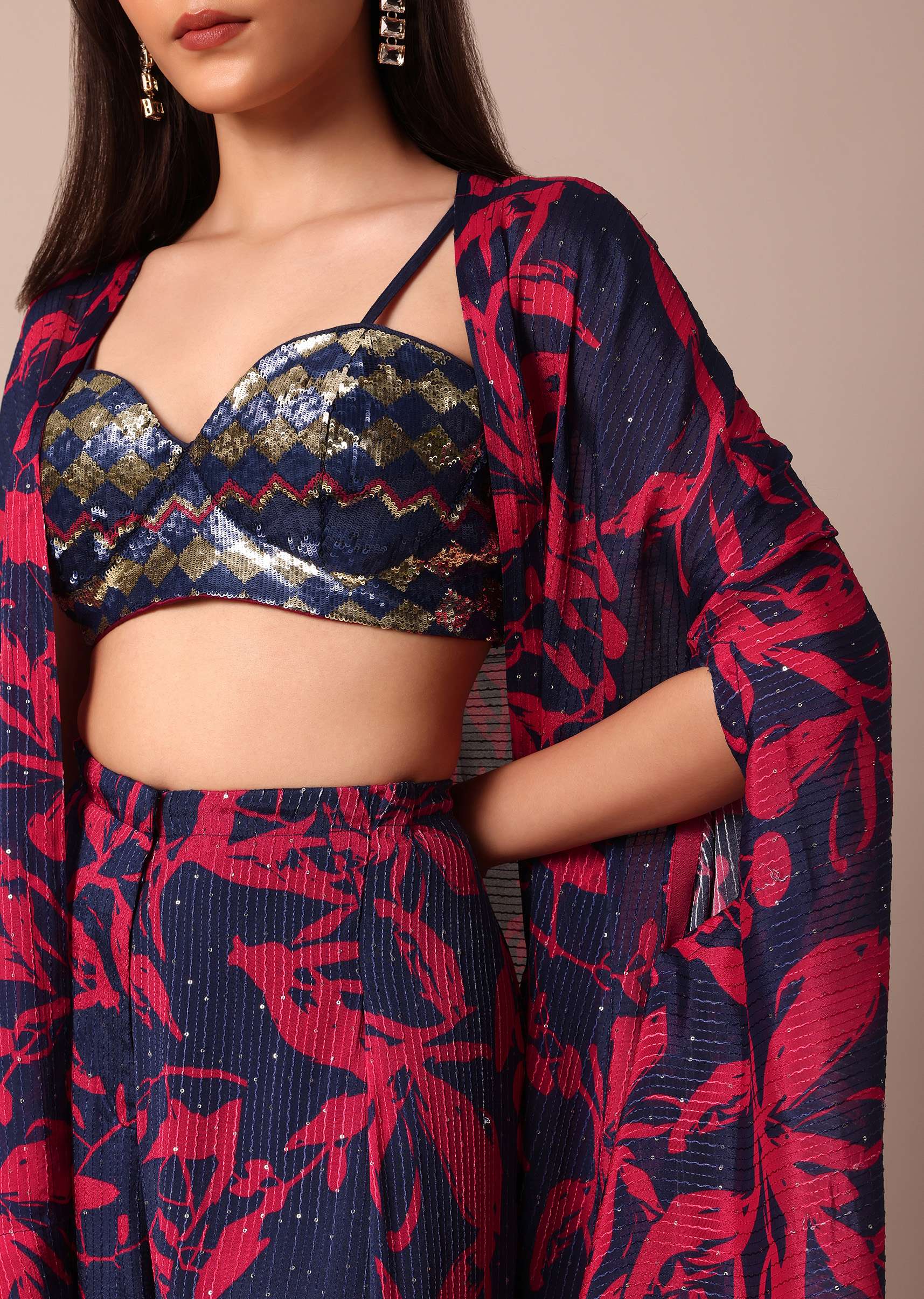 Stunning Crop Top With Printed Chiffon Jacket and Palazzo Set - Image 2