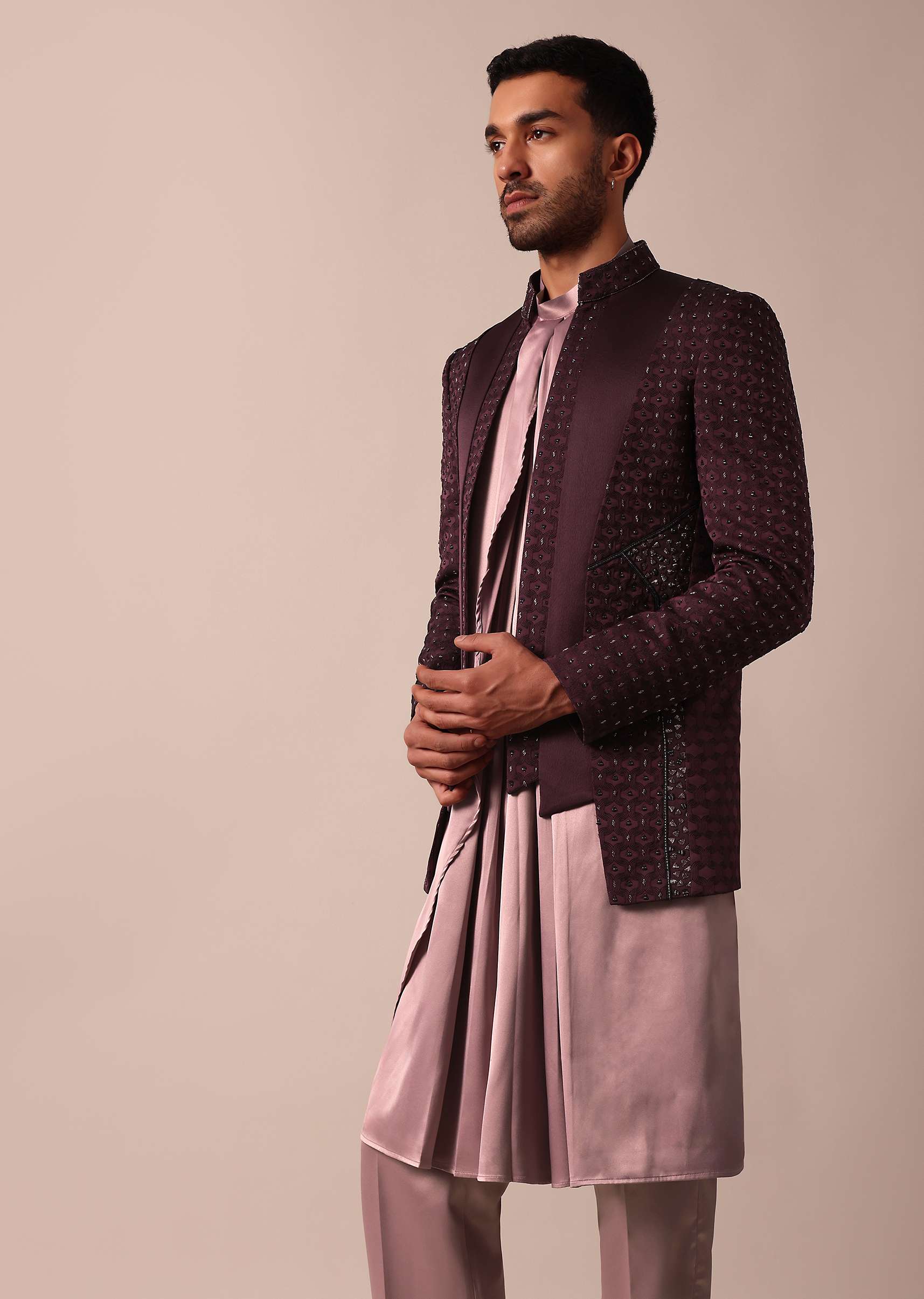 Stylish Purple Indowestern For Men - Image 3