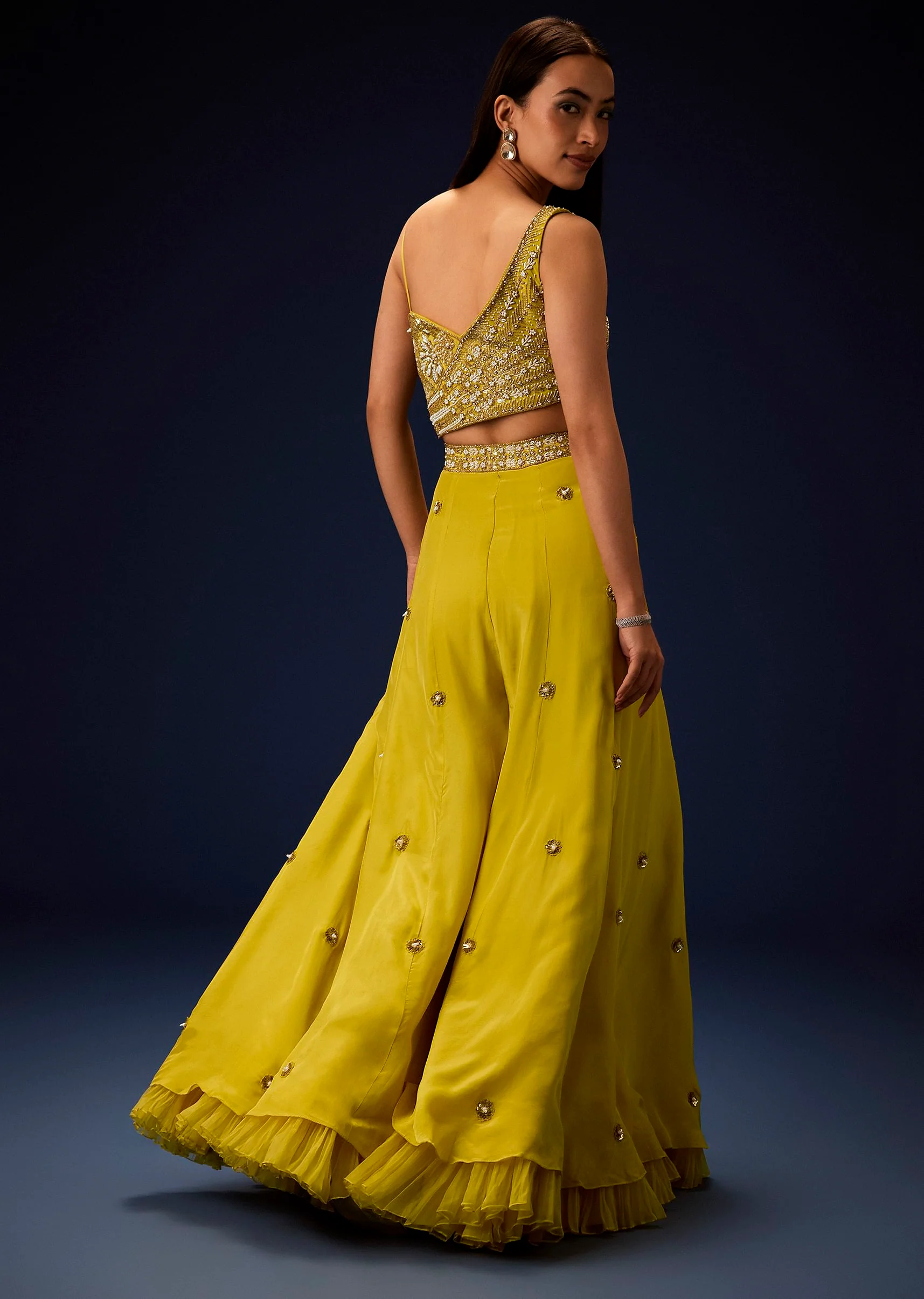 Sunglow Mustard Hand Embroidered Double Layer Frill Jumpsuit - Image 5