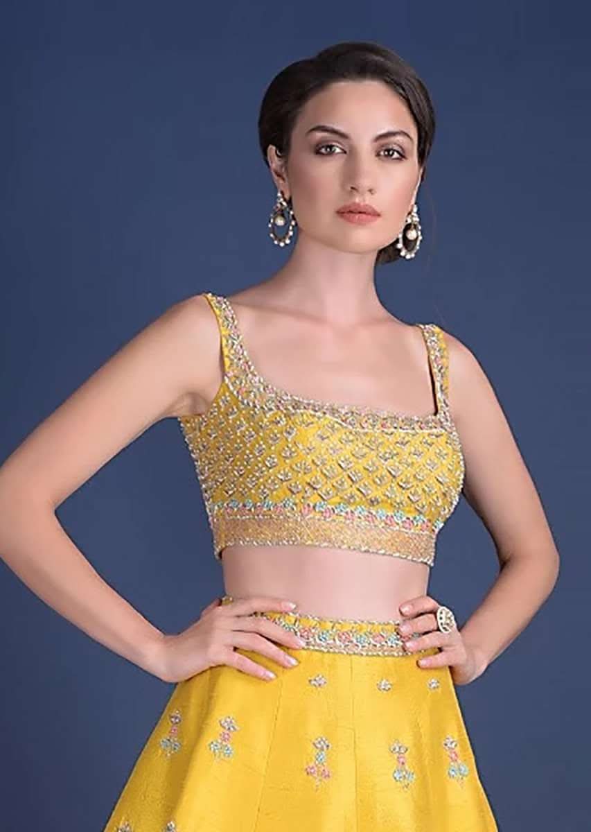 Sunset Yellow Blouse With Heavy Embossed Embroidery In Floral Butti Design - Image 2