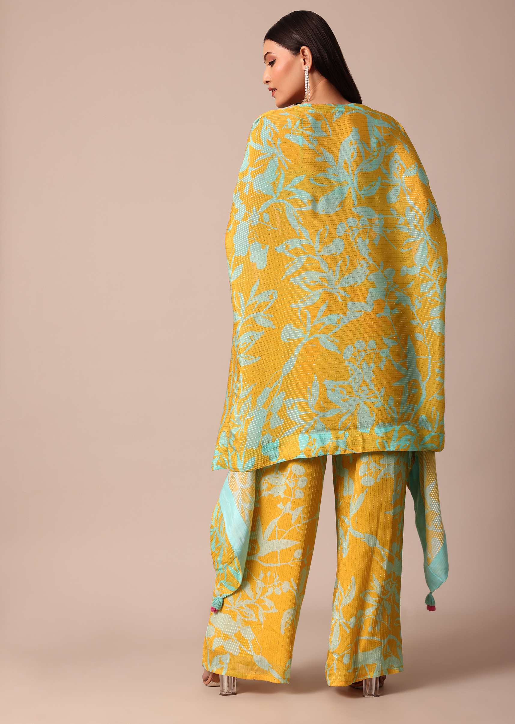 Sunshine Yellow Printed Palazzo and Jacket With Sky Blue Crop Top - Image 6