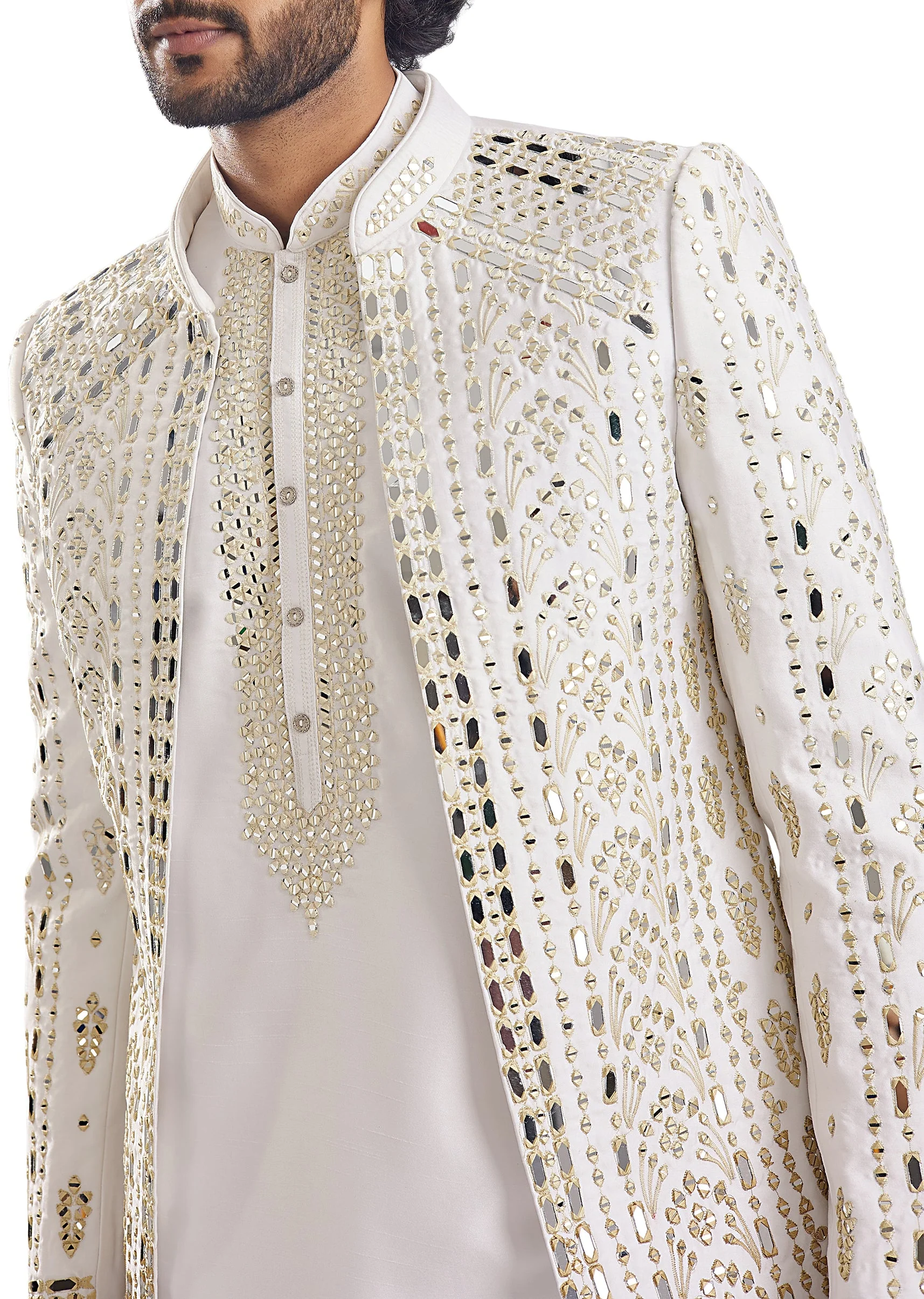 Sunshine Yellow Thread Mirror Groomsman Sherwani - Image 5
