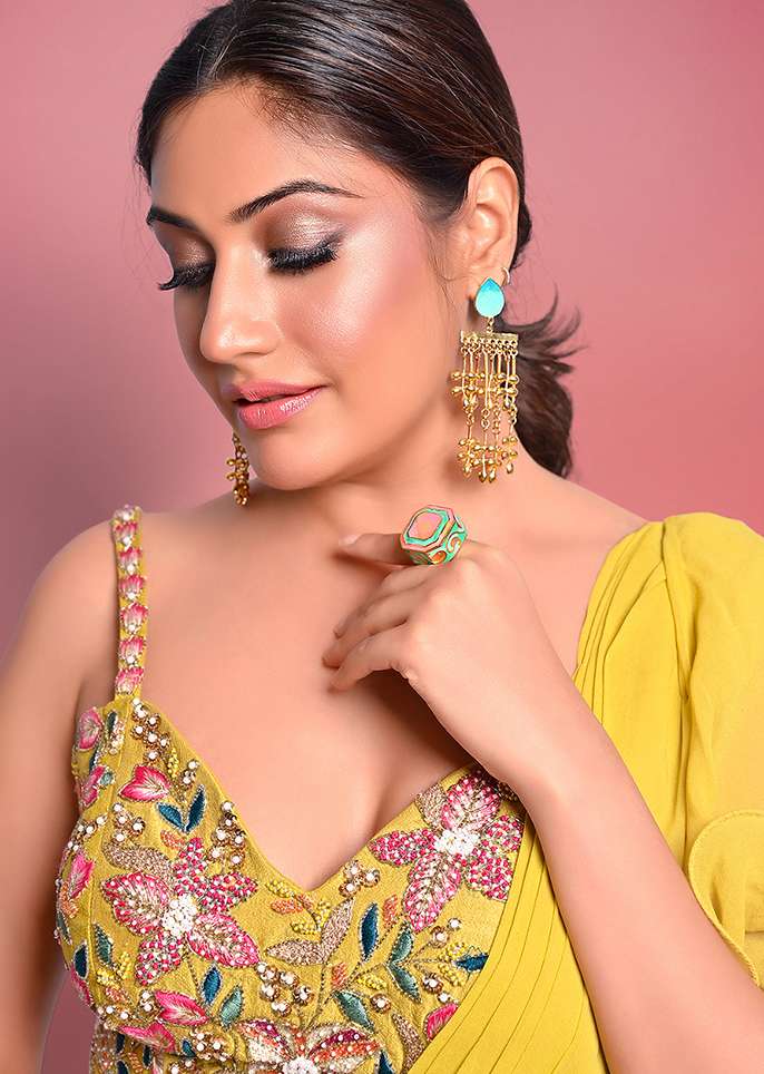 Citrus Ready To Wear Ruffle Saree With Multi-Color Floral Hand Embroidered Blouse - Image 8