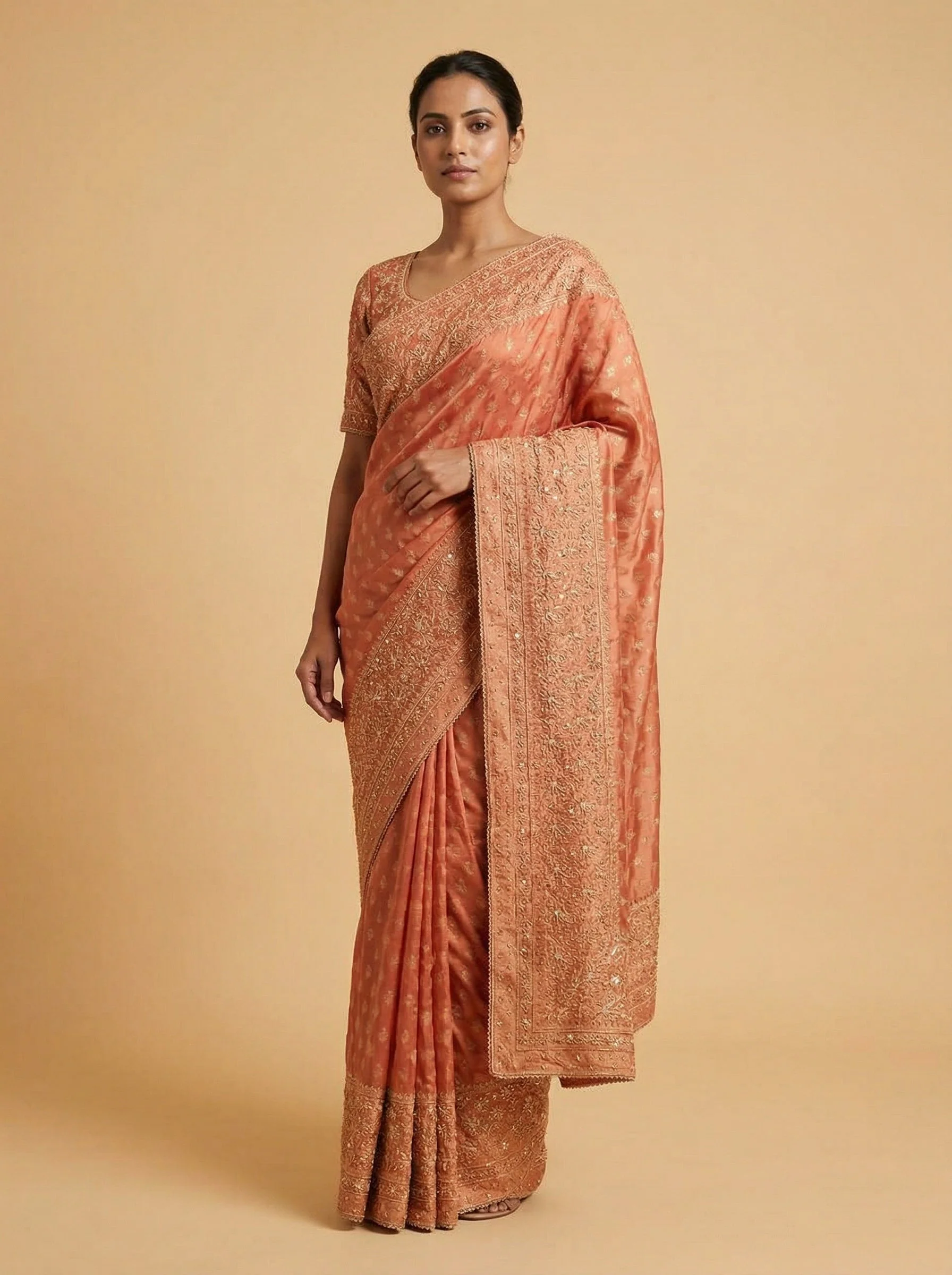 Tangerine Coral Embroidered Saree