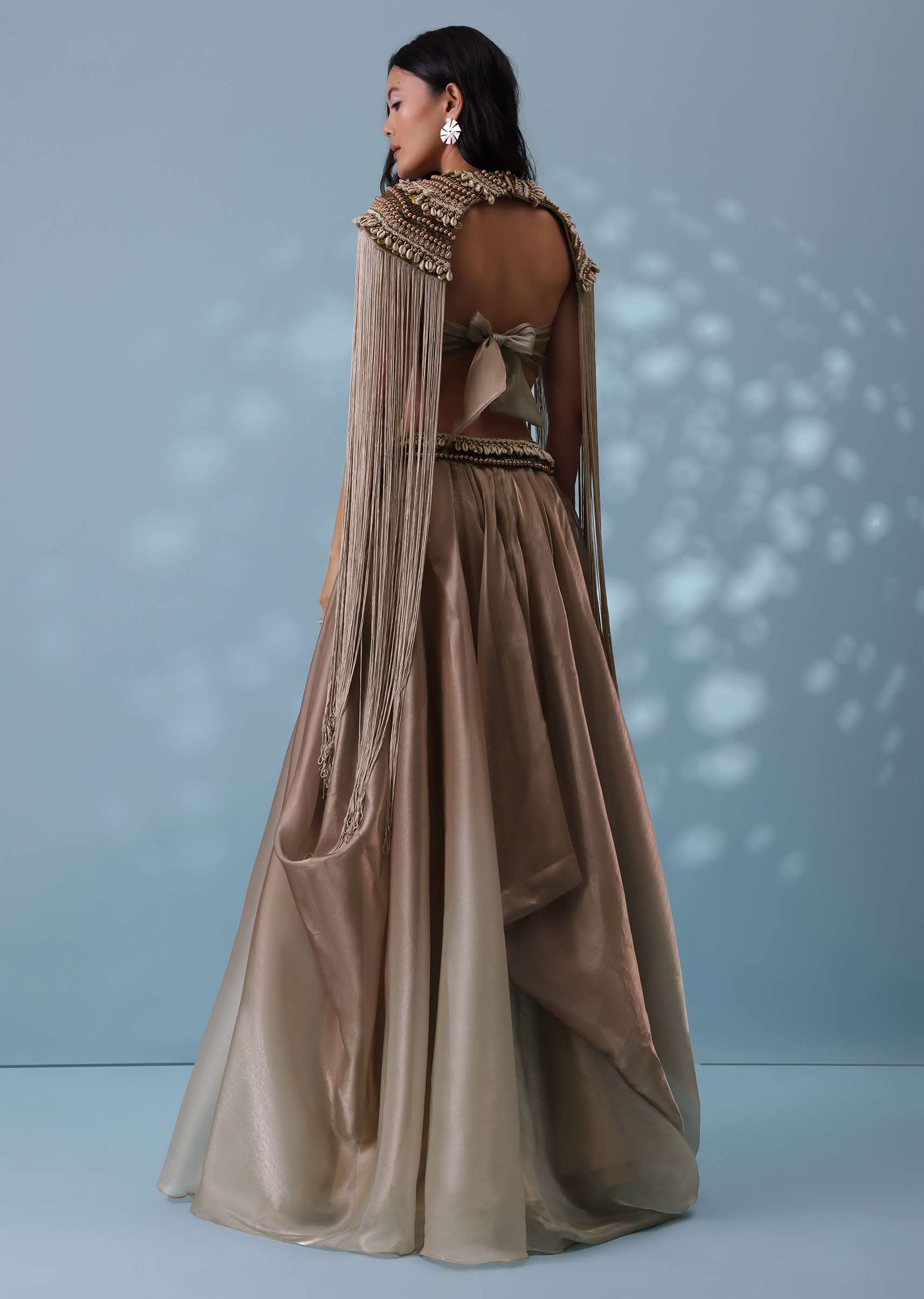 Taupe Brown Embroidered Cowl Lehenga And Cape Blouse In Shimmer Organza - Image 6