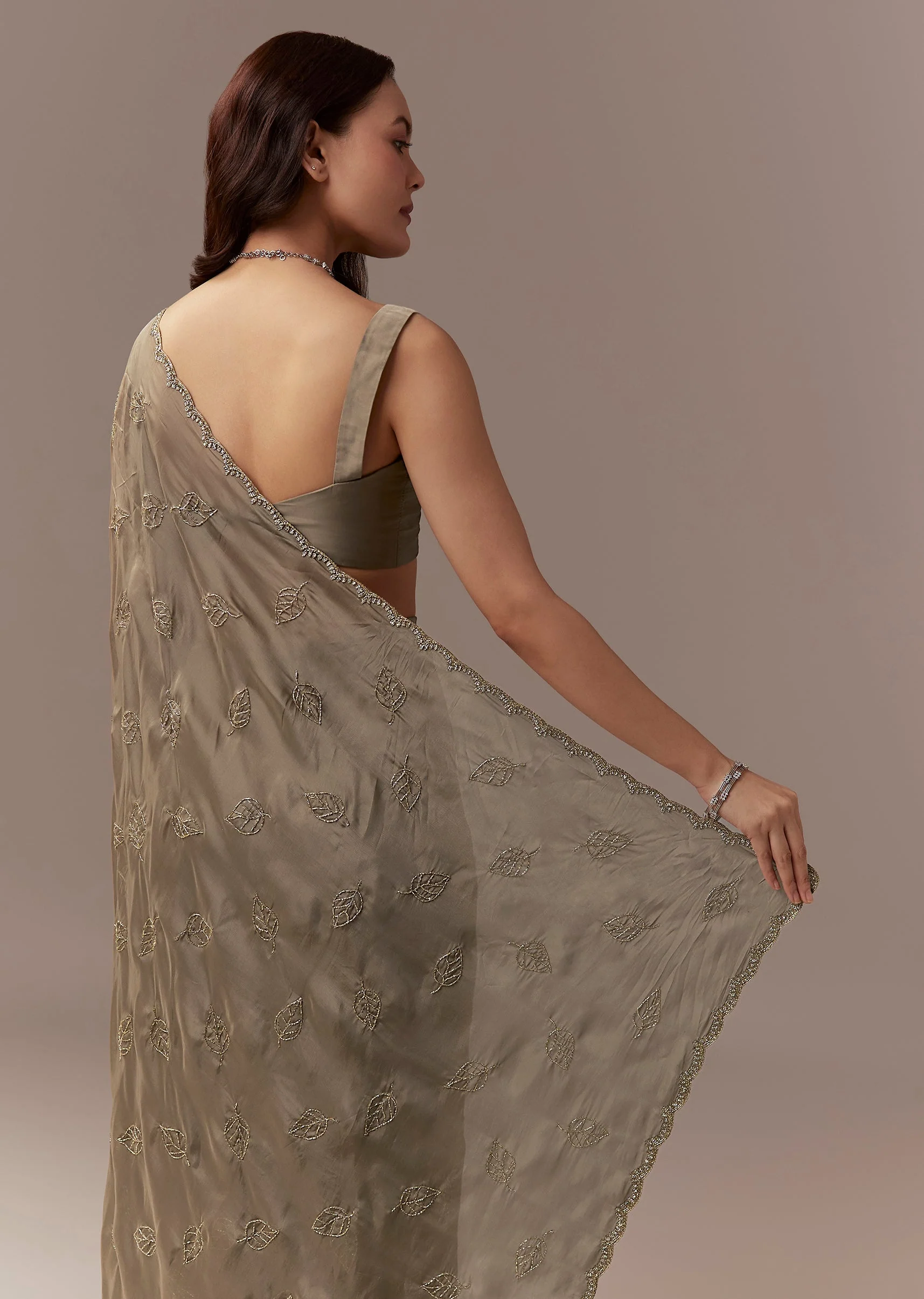 Taupe Brown Kora Silk Saree With Cutdana Stones And Leaf Motif Embroidery - Image 6