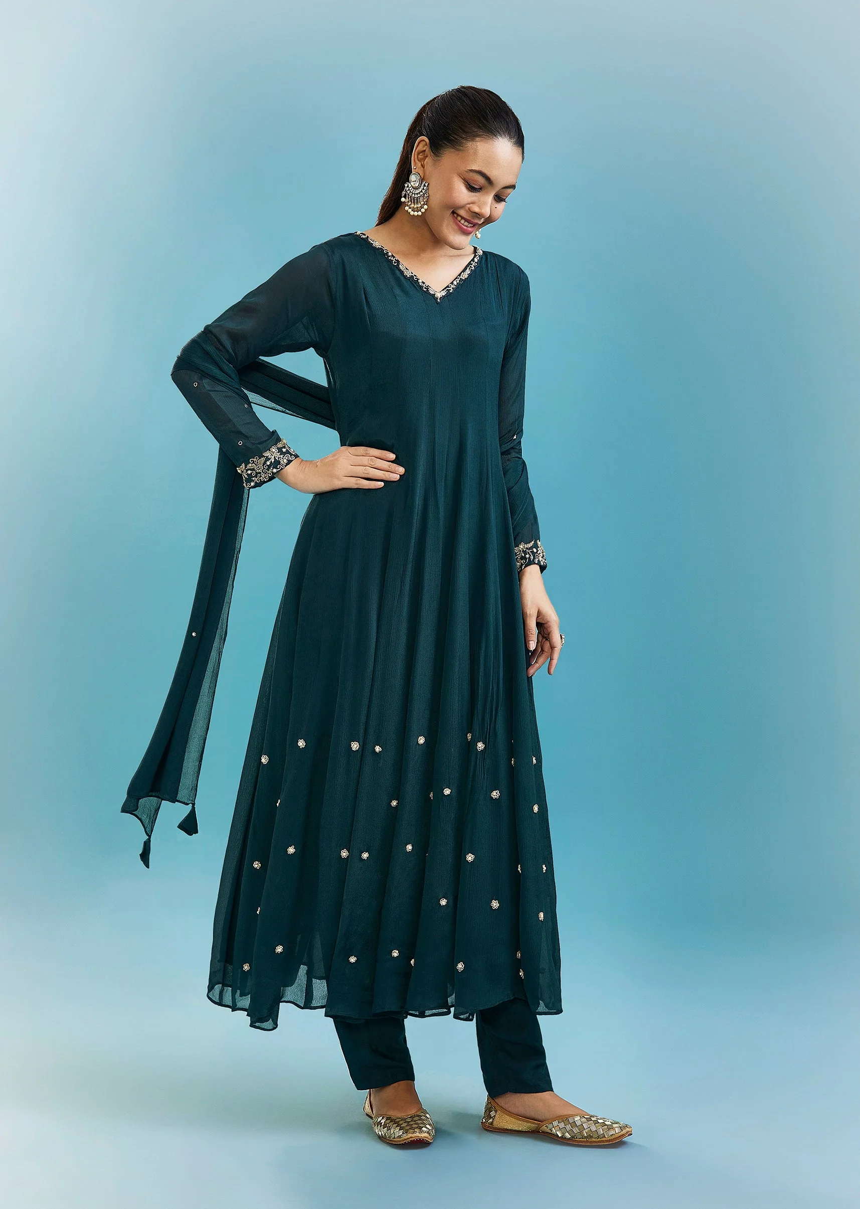 Teal Anarkali Set With Zardosi Work - Image 3