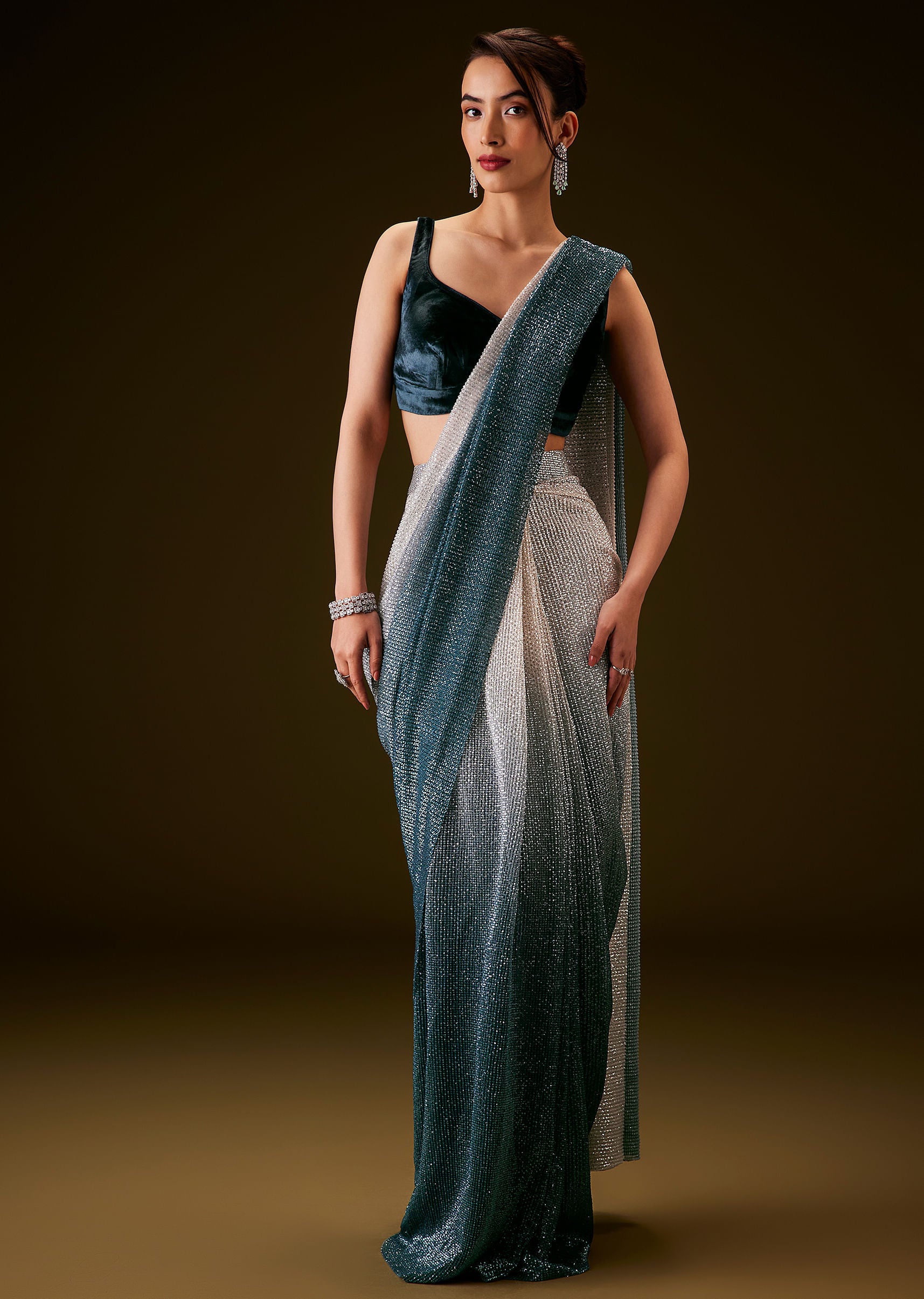 Teal And Cream Ombre Sequin Velvet Saree - Image 3