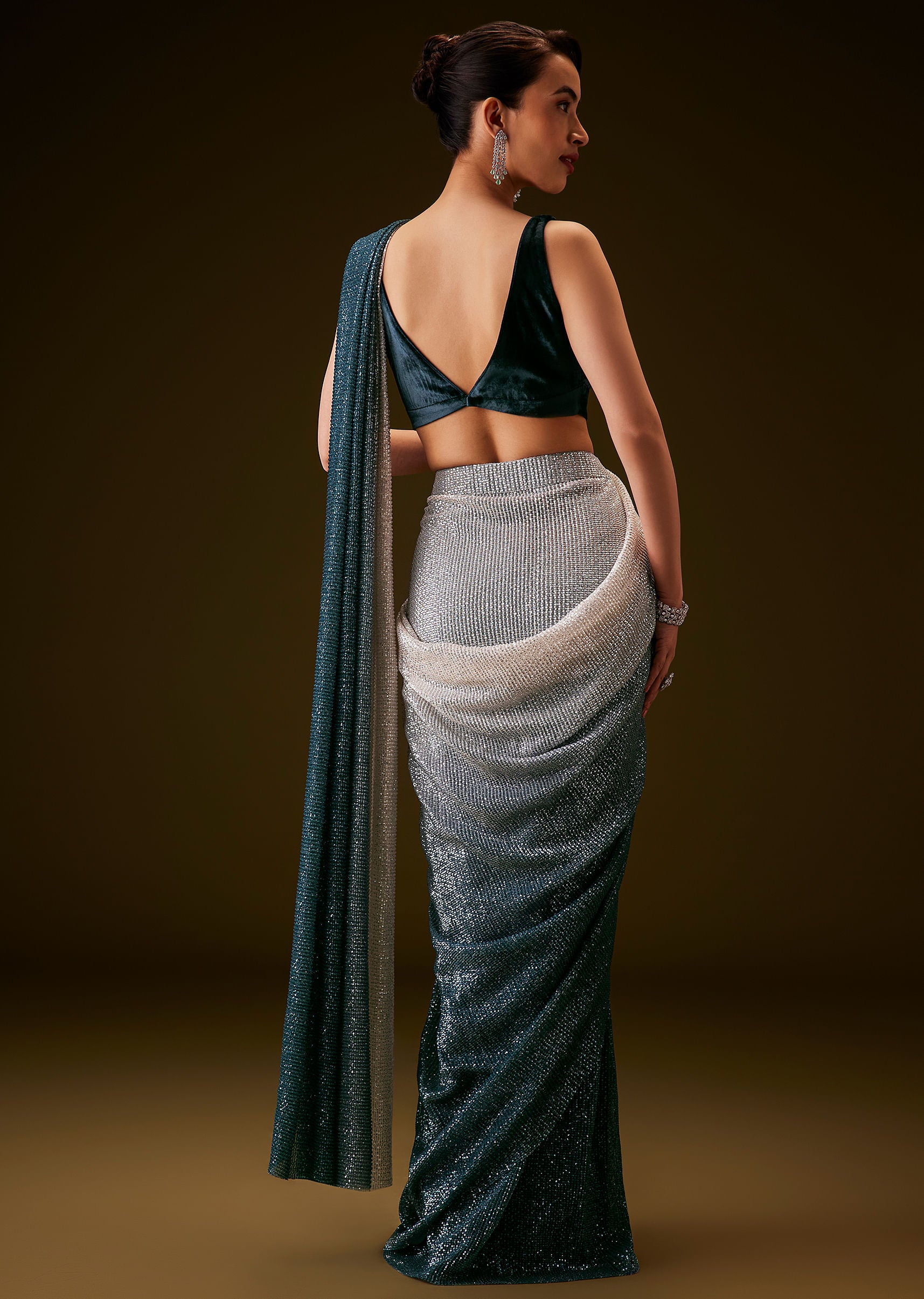 Teal And Cream Ombre Sequin Velvet Saree - Image 5