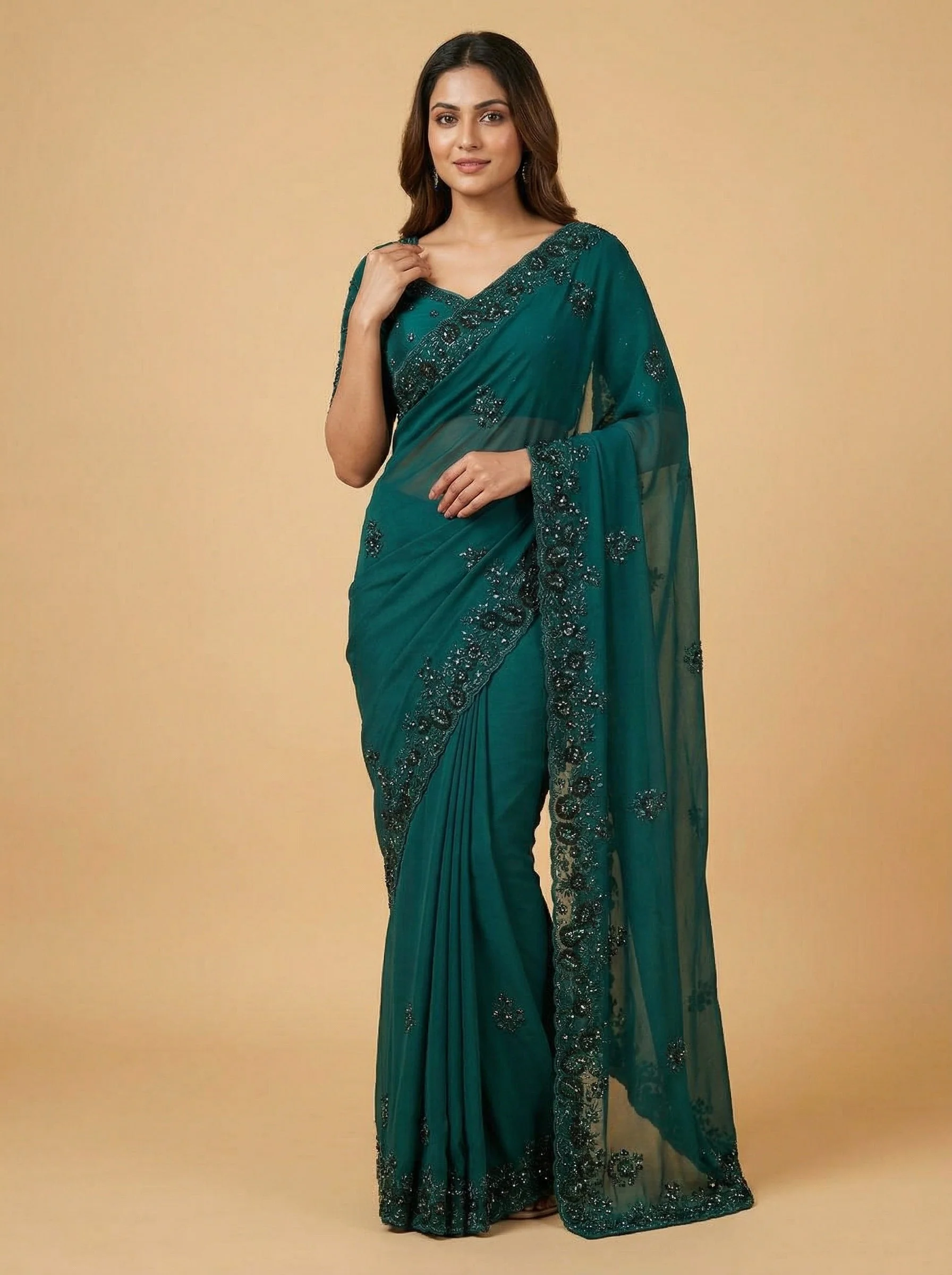 Teal Aqua Sea Green Embroidered Saree