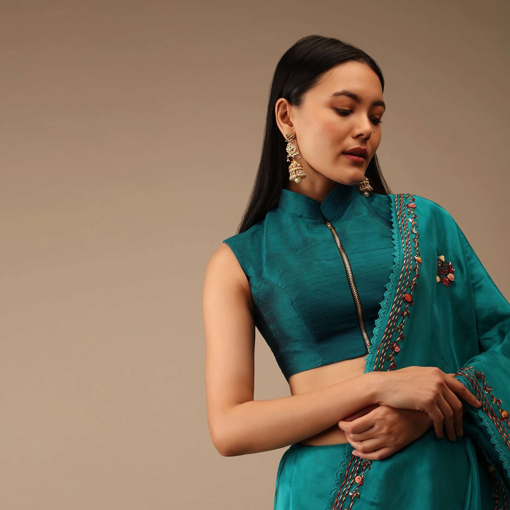 Teal Blue Blouse In Raw Silk With Mandarin Collar Neckline And Front Zip Closure - Image 3