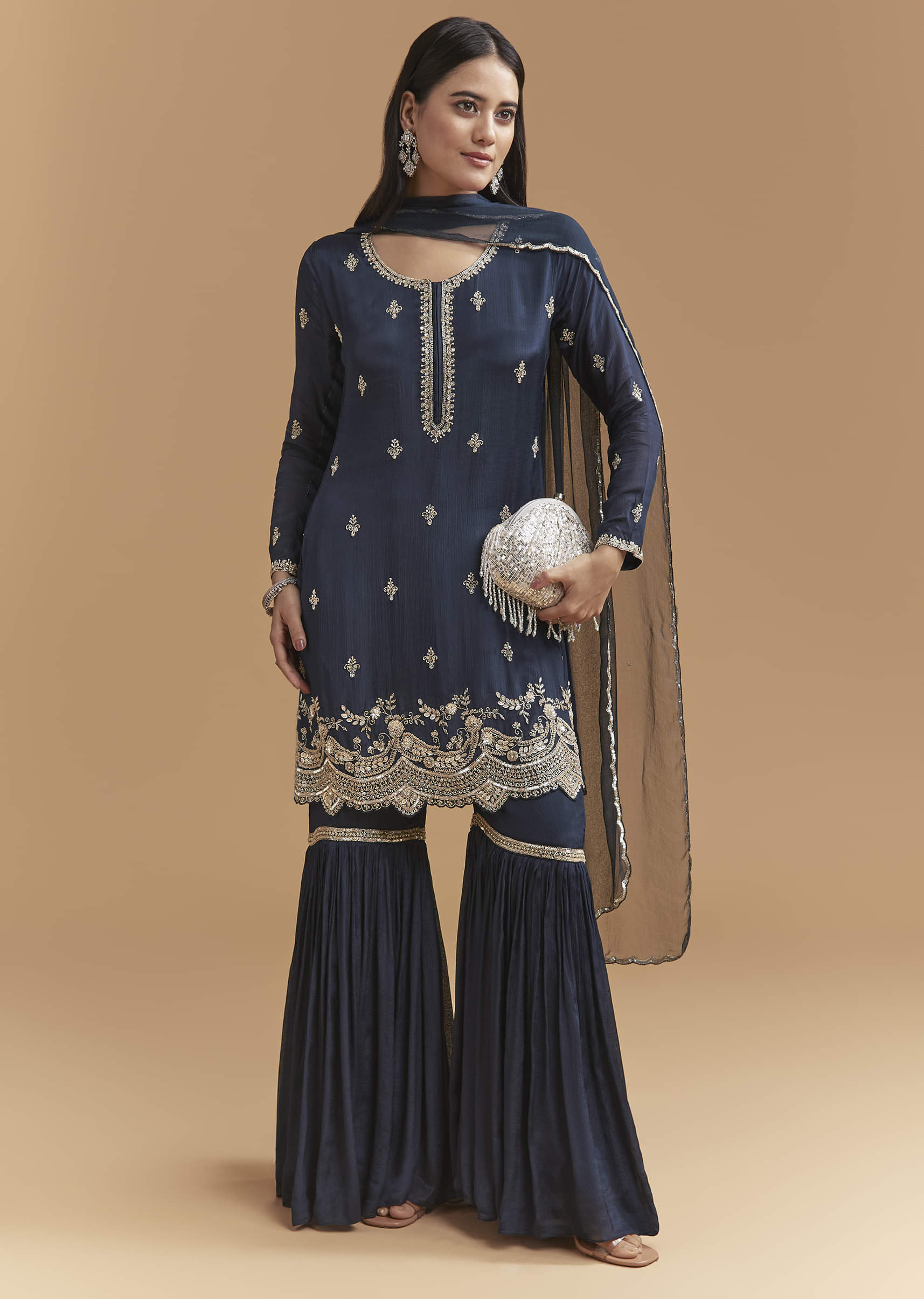 Teal Blue Chinon Sharara Suit With Heavy Hand Embroidery - Image 3
