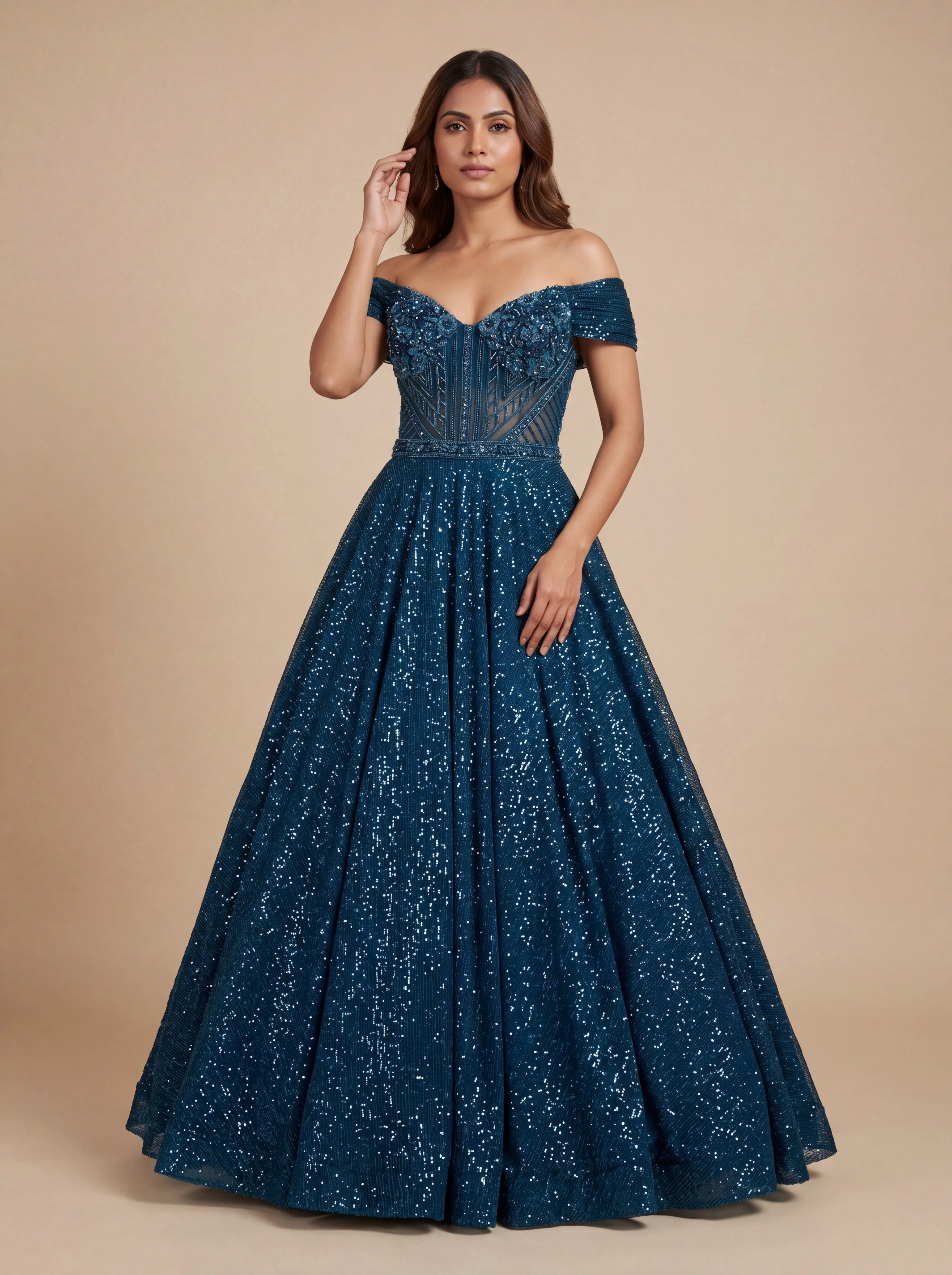 Teal Blue Contemporary Gown With Sparkling Volume Princess Charm