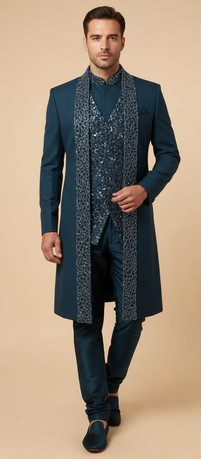 Teal Blue Designer Indo Western Set - Image 2