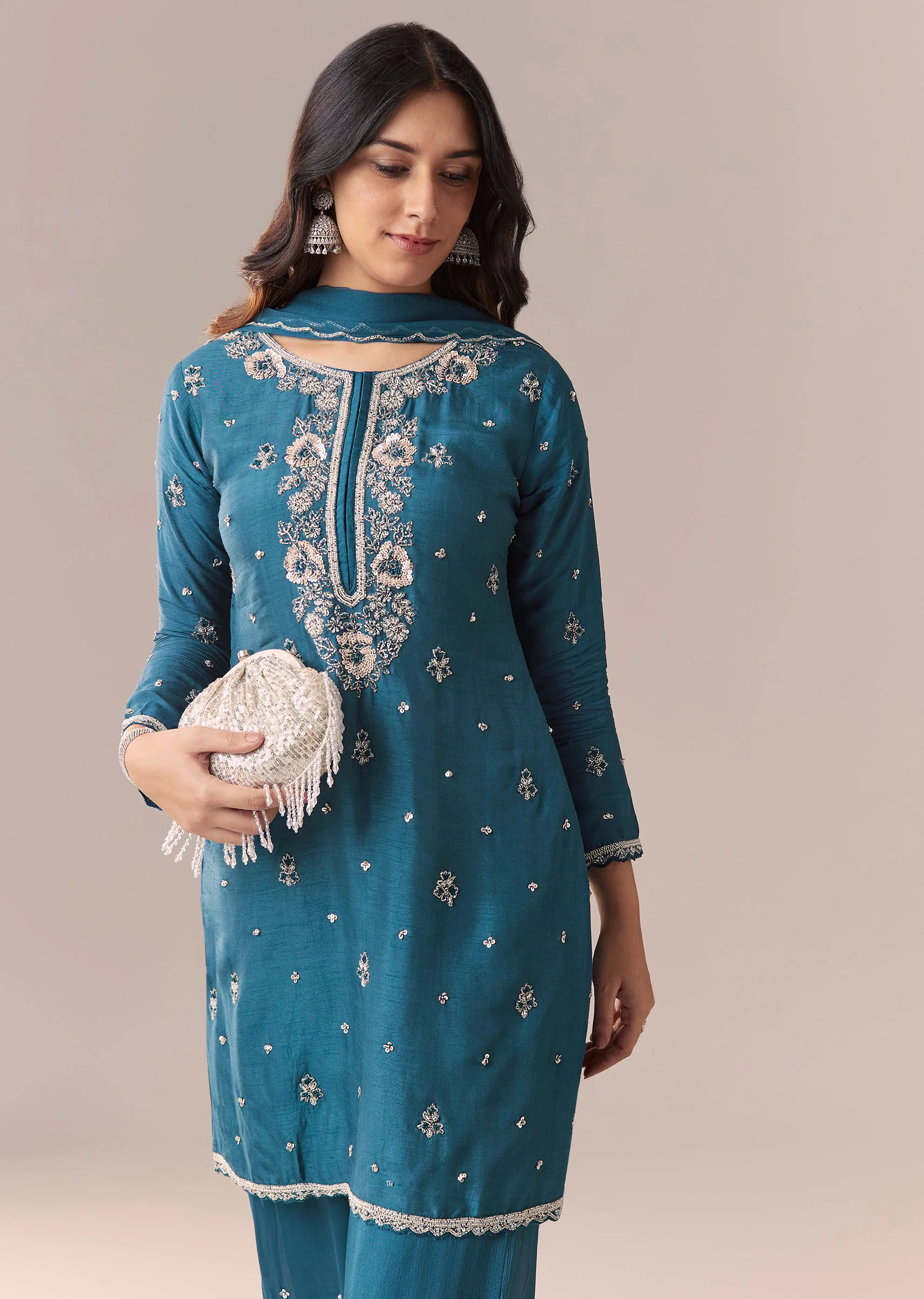 Teal Blue Embellished Palazzo Suit Set With Dupatta - Image 4