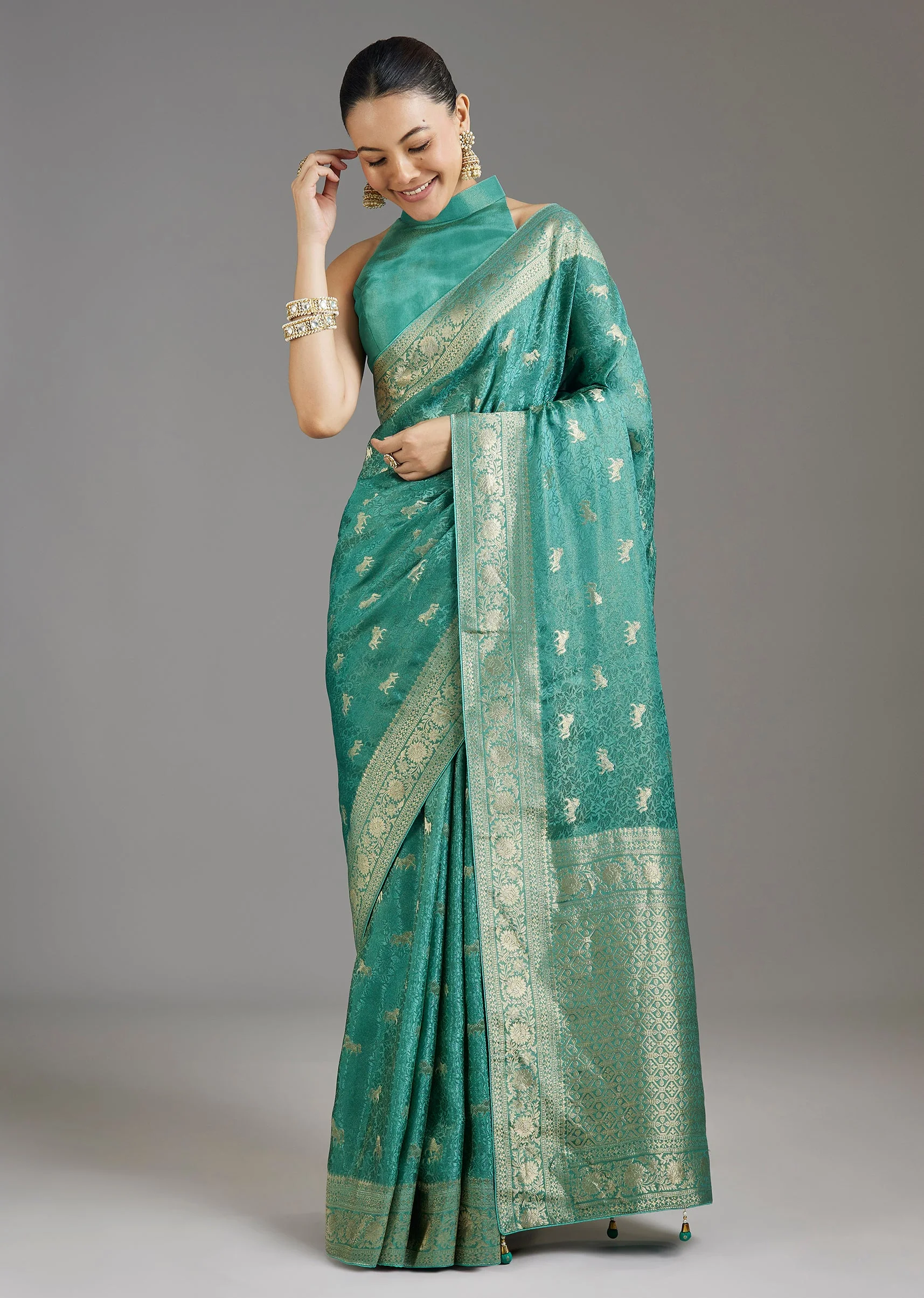 Teal Blue Jacquard Dola Silk Saree - Image 3