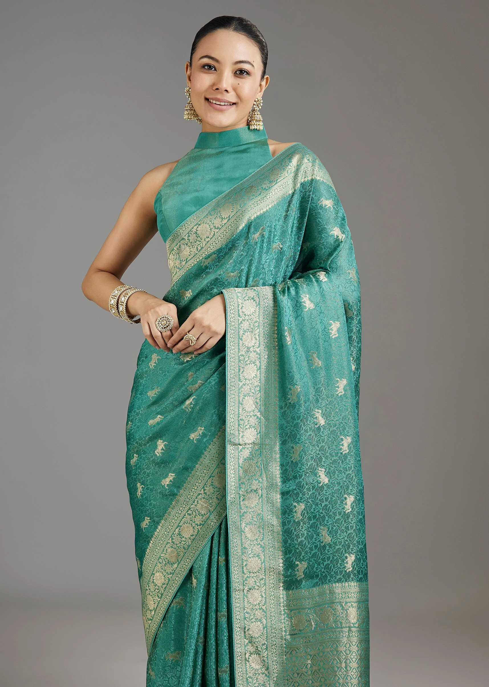 Teal Blue Jacquard Dola Silk Saree - Image 5