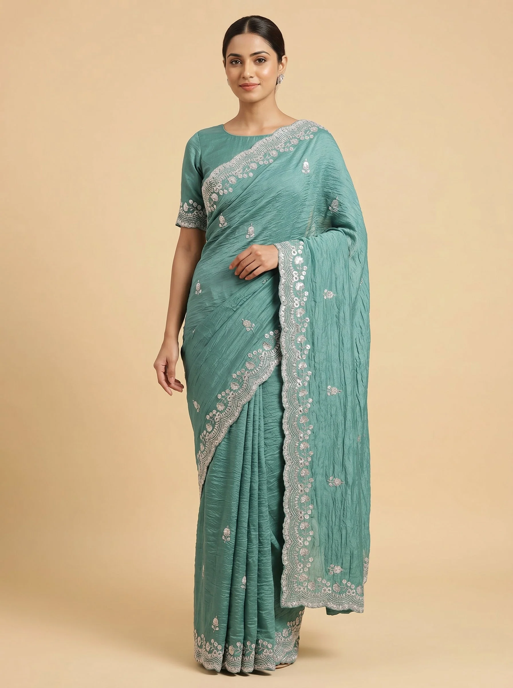 Teal Blue Jewel Embroidered Saree